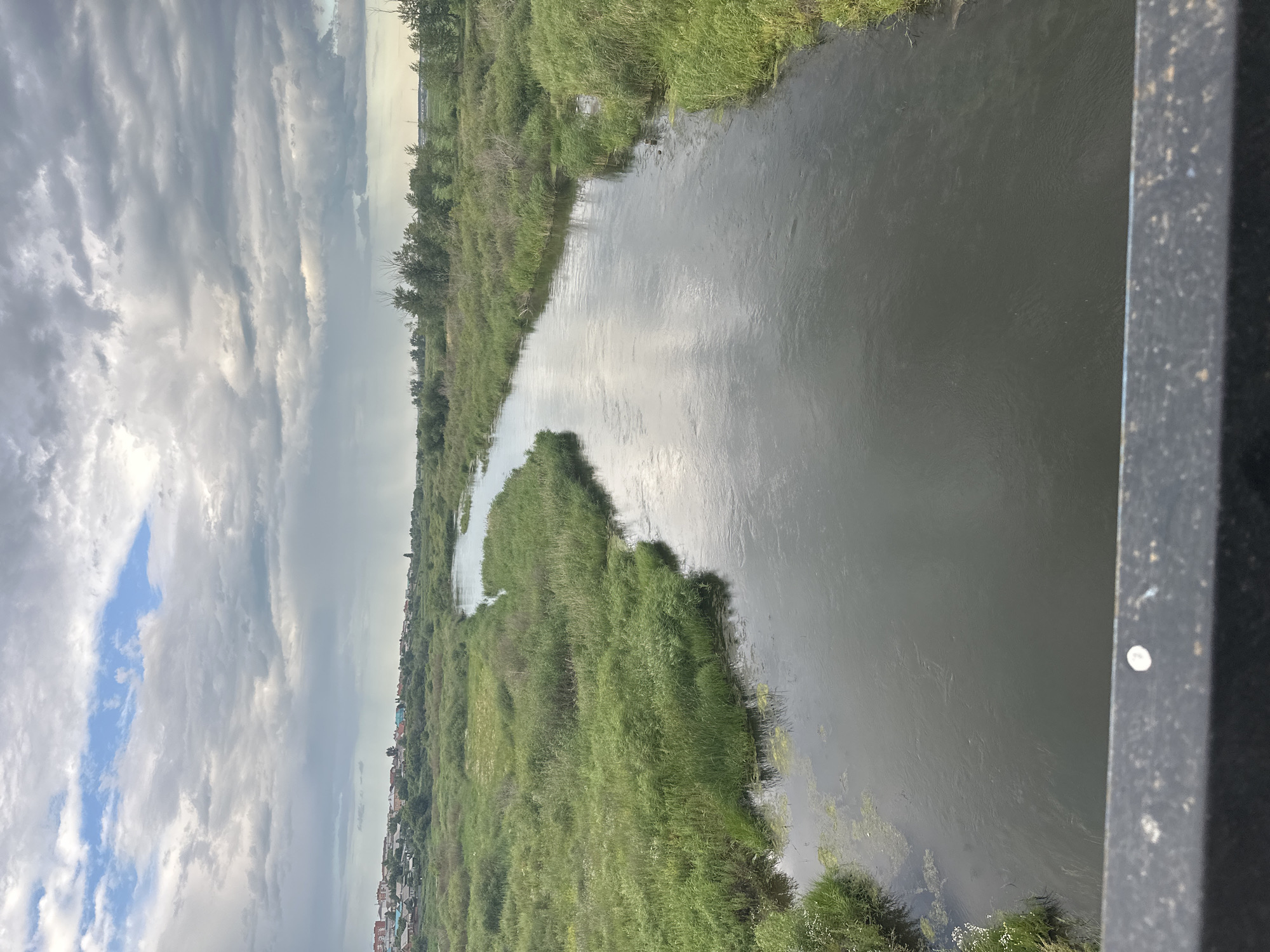 The media file depicts a wide, calm river flowing through a grassy, natural landscape. The river's surface is dark and reflects the cloudy sky, creating a somewhat somber mood. The banks are densely covered with lush green grass and some scattered trees. In the distance, a small settlement or town can be seen along the riverbank, with rooftops peeking through the greenery. The sky is filled with dramatic, textured clouds, suggesting an overcast or approaching storm. The lighting indicates it is likely daytime, possibly late afternoon given the cloud cover. The overall scene evokes a sense of natural tranquility, with a hint of human presence in the distant settlement. There is a dark, textured object in the foreground on the right side, possibly part of a railing or structure. No people are visible in the image.