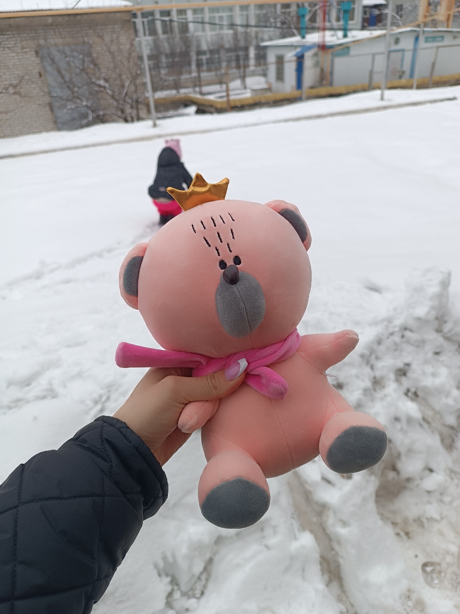 A person is holding a pink plush bear wearing a gold crown and a pink scarf. The bear is positioned in the foreground, partially obscuring a snow-covered landscape. A child wearing a pink hat is visible in the background, partially obscured by the bear. The landscape is covered with snow, and several buildings are also visible in the background. The person holding the bear is wearing a black quilted jacket.