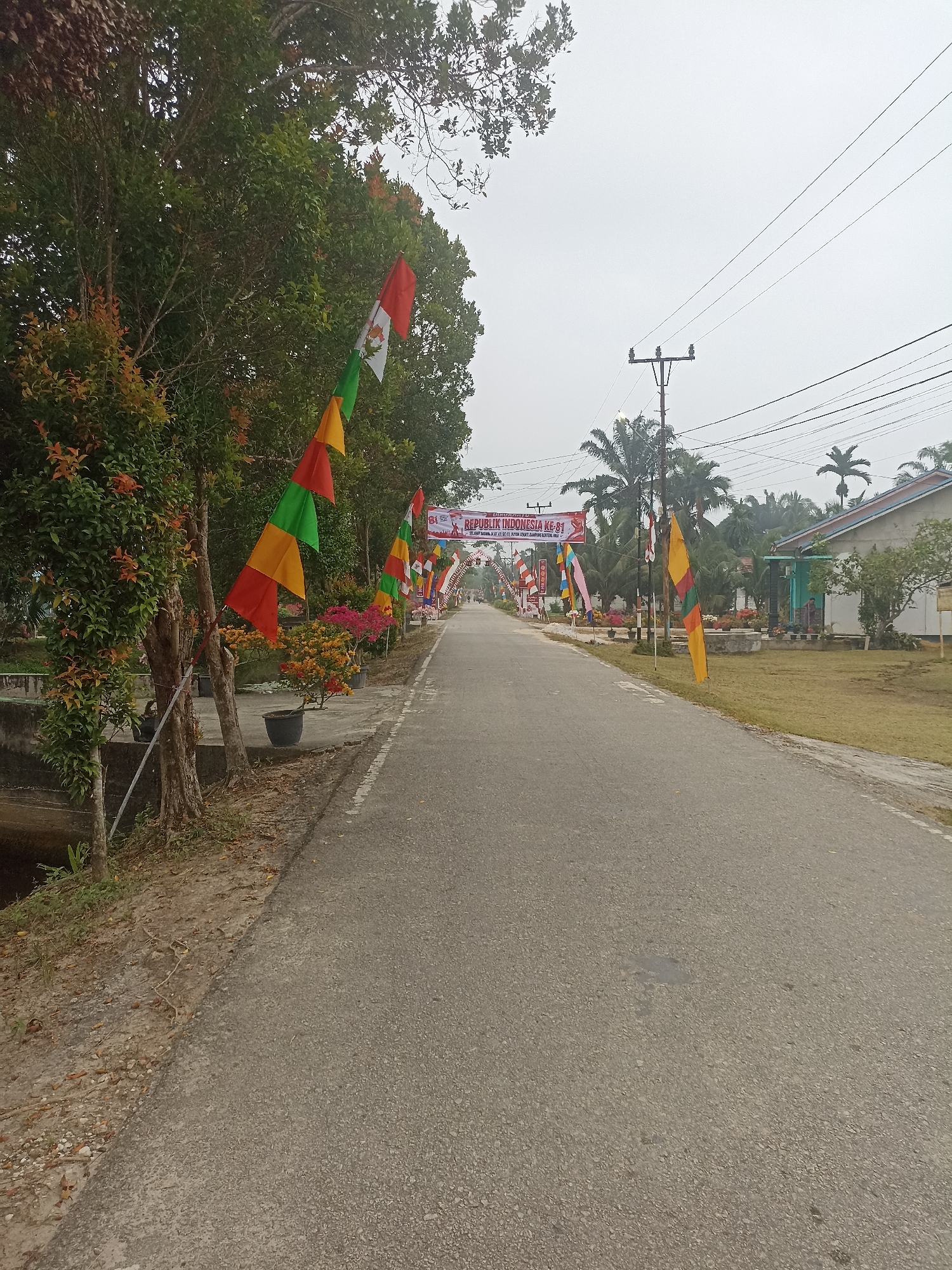 The image depicts a street in Benteng Hulu, Indonesia, decorated for a celebration. A paved road runs through the center of the frame, flanked by trees and vegetation on the left and a grassy area with buildings on the right. Various colorful flags, some triangular and some rectangular, are strung along the sides of the road and on poles. One prominent banner, hanging across the road in the distance, reads "REPUBLIK INDONESIA KE-81". There are several utility poles with power lines visible in the sky. The environment appears somewhat overcast, suggesting it may be a cloudy day. No people are clearly visible in the immediate foreground.