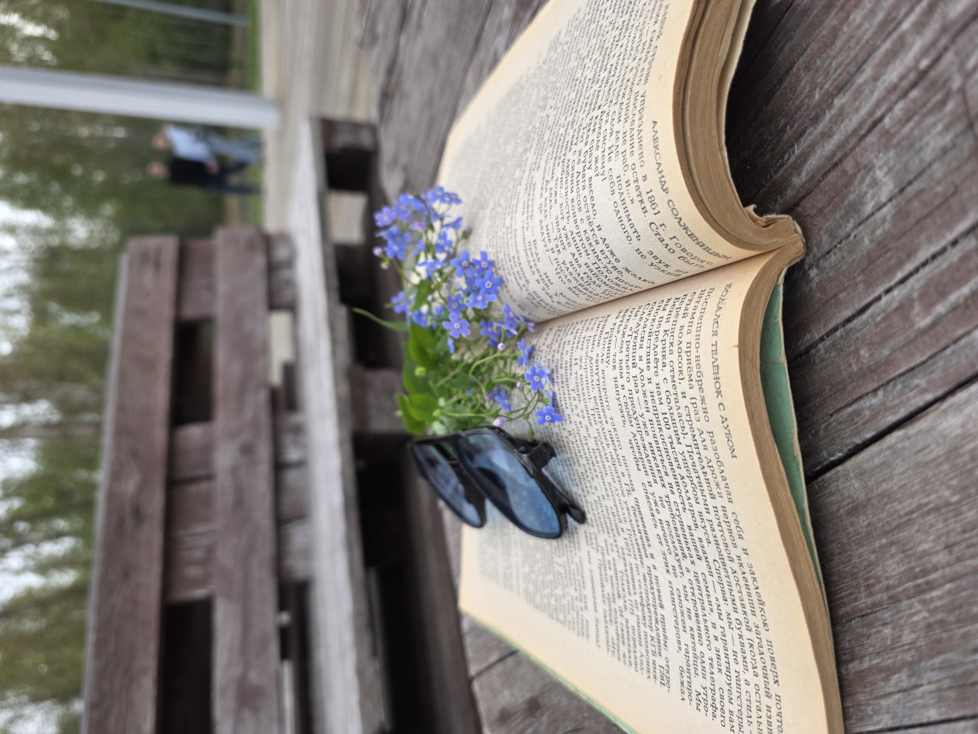 Here is a description of the image:
**Scene:** An open book rests on a wooden bench with blue forget-me-not flowers placed between the pages. A pair of black sunglasses lies on the book. The book appears to be in Russian, based on the text. The bench is made of weathered wood. In the background, visible through the slats of the bench, are trees and the blurred figures of two people walking along a path or sidewalk.
**Location:** Chaikovsky, Russia. Although not explicitly stated, the text within the book in the photo indicates it is in Russian.