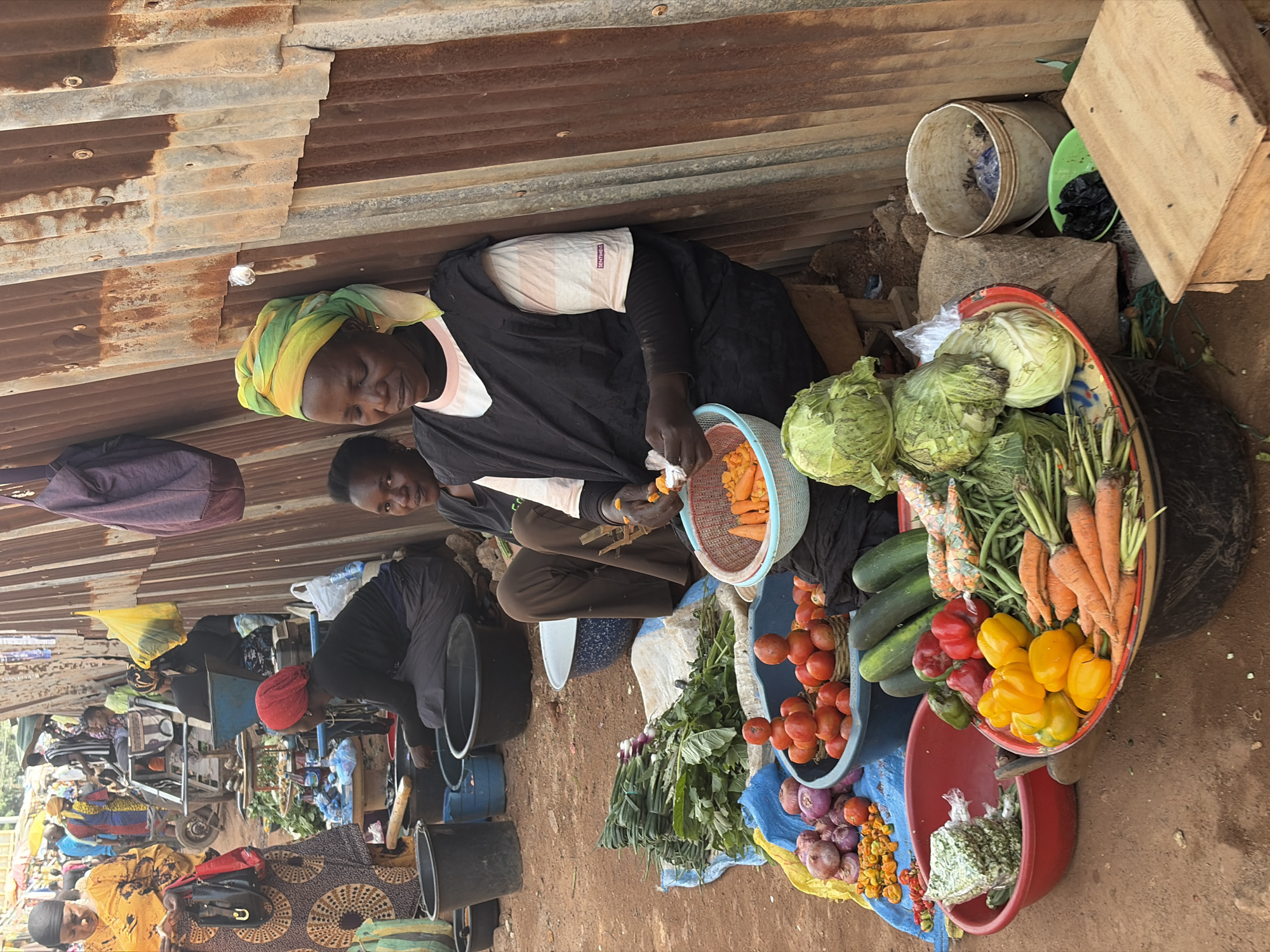 A vendor, likely a woman wearing a green and yellow headscarf and a dark tunic, is seen at a market stall in Jos, Nigeria. She is in the process of handling vegetables. In front of her, a large oval basket overflows with an assortment of fresh produce, including cabbages, carrots, cucumbers, bell peppers (red and yellow), and green beans. To her left, a blue basket contains more carrots, and to her right, a red basin holds a head of lettuce and possibly some herbs. Beside the red basin, red onions, some small chilies, and a pile of tomatoes are displayed on a blue cloth.
The market scene appears to be outdoors, under a corrugated metal roof that shows signs of rust and age, suggesting a weathered, open-air environment. The ground is dirt. Other individuals are visible in the background, also engaged in market activities, with some sitting and others interacting with goods. The overall atmosphere suggests a typical day at a bustling Nigerian market. The lighting indicates it is daytime, likely mid-morning or afternoon, with no specific weather conditions being discernible. The focus on fresh produce highlights a scene of commerce and daily life.
