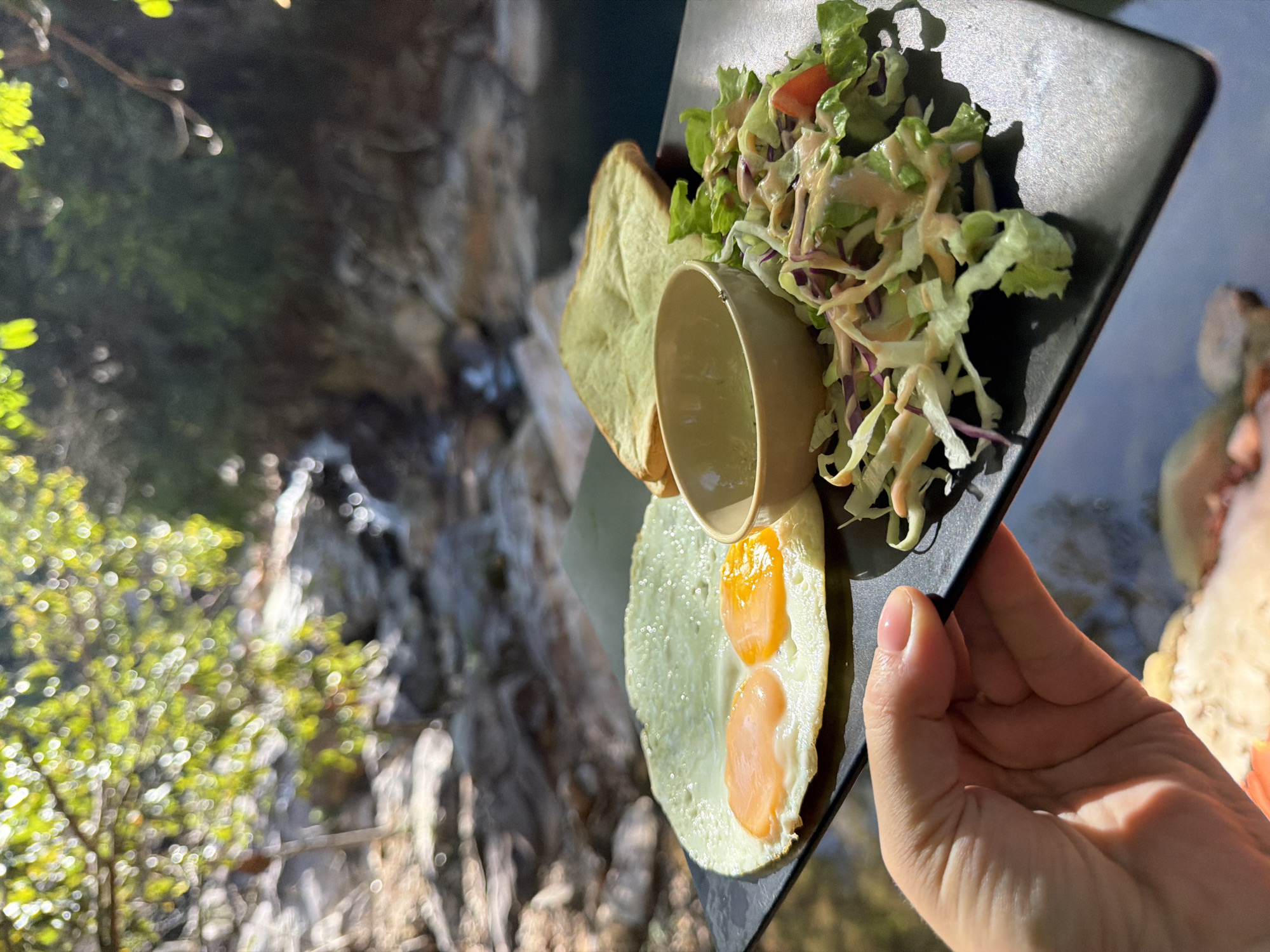 A hand holds a black rectangular plate of food. The plate contains two fried eggs, a slice of toasted bread, a small bowl with a light-colored sauce, and a salad. The salad consists of shredded lettuce, red cabbage, and a few tomato pieces, all coated in a pinkish dressing. The background is blurred, showing a natural environment with rocks, foliage, and a body of water, possibly a stream or river. The lighting suggests it is daytime with sunlight filtering through the trees. The image does not contain any specific details that would indicate the location is Huế, Vietnam.