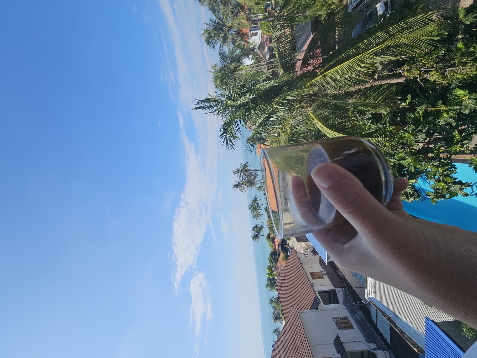 A person's hand holds a glass of dark liquid, likely coffee, in the foreground against a bright blue sky with scattered white clouds. The scene overlooks a coastal town with a body of water, possibly the ocean, in the distance. Several palm trees are visible, with their fronds fanning out over rooftops of buildings. The architecture suggests a tropical or sub-tropical location, with terracotta tiled roofs and white walls. The presence of palm trees and the general aesthetic are consistent with locations in Phu Thuy Ward, Vietnam, which is known for its coastal scenery and resort areas.
