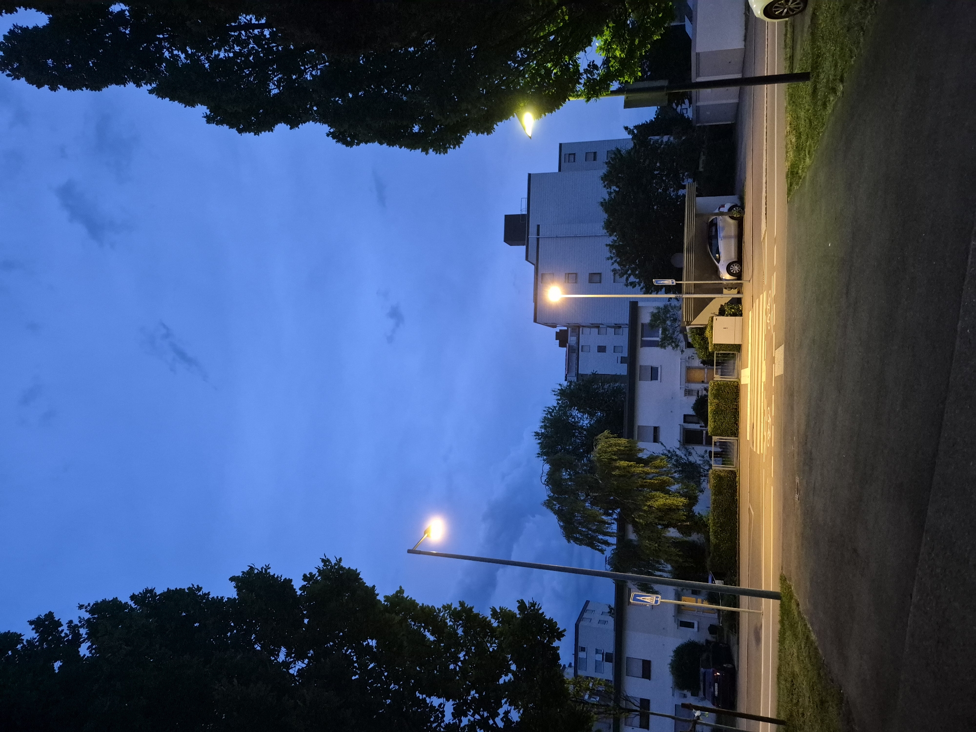 The image captures a nighttime street scene in a suburban area. The sky is a deep blue, with some wispy clouds. Two tall, dark trees frame the left and right sides of the image, their foliage silhouetted against the sky. In the midground, several low-rise apartment buildings are visible, illuminated by the warm glow of streetlights. A pedestrian crossing with white stripes is prominent in the center of the frame, also lit by streetlights. A silver car is parked under a carport in front of one of the buildings. A dark-colored car is parked on the street to the left. The foreground consists of a paved walkway and a strip of grass. A single streetlight with a bright yellow bulb stands tall on the left side of the pedestrian crossing, and another is visible on the right, partially obscured by trees. The scene appears to be quiet and residential.