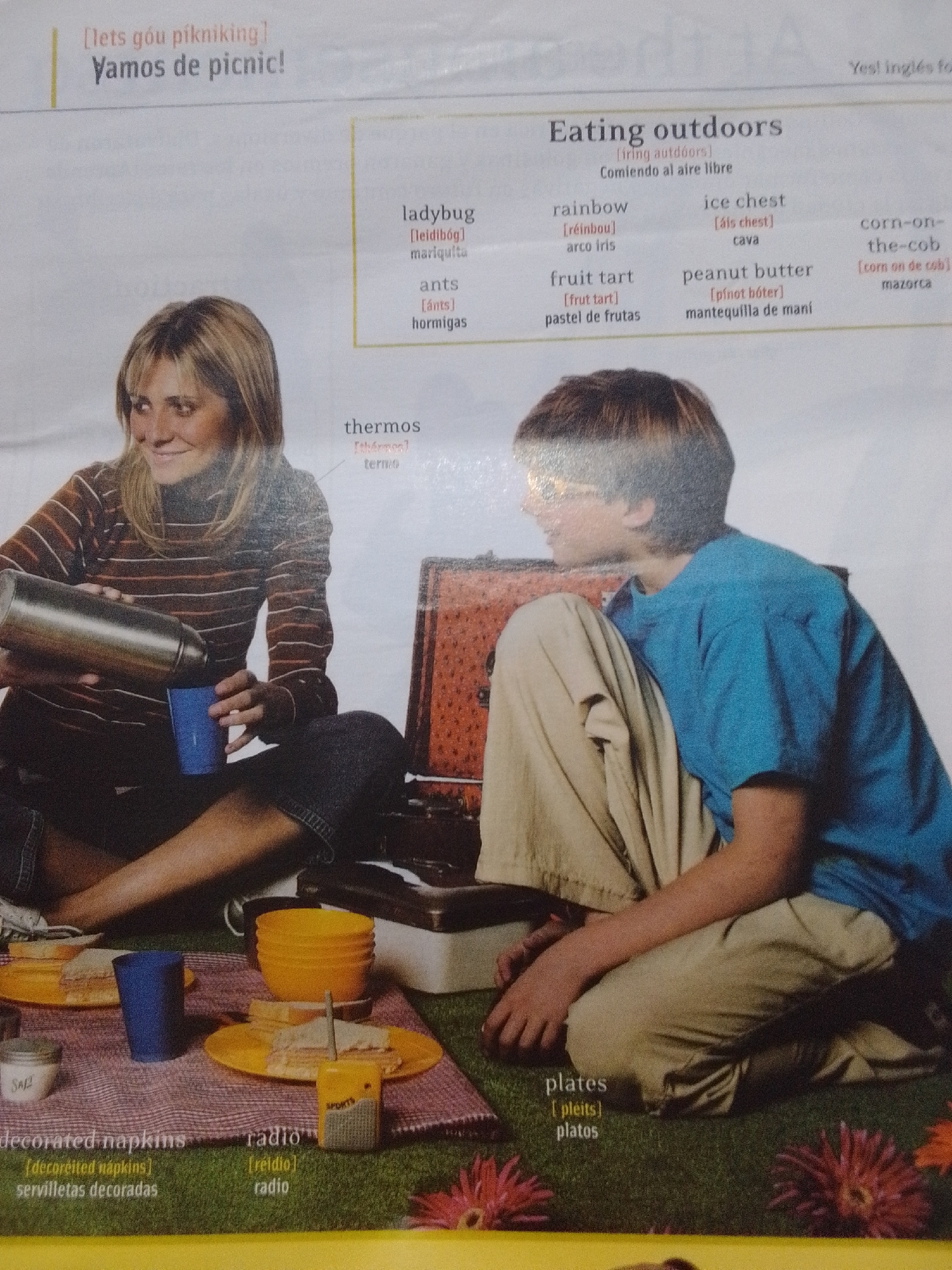 In the city of La Tagua, Venezuela, a picnic is underway. Two people, a woman and a boy, are seated on the ground, surrounded by picnic essentials. The woman, with blonde hair, is pouring liquid from a thermos into a blue cup. The boy, wearing a blue shirt and tan pants, sits beside her. In the foreground, a picnic blanket displays plates of sandwiches, a bowl of what appears to be oranges, a small radio, and a jar labeled "SALT". The scene is set outdoors, with grass and flowers visible in the background.