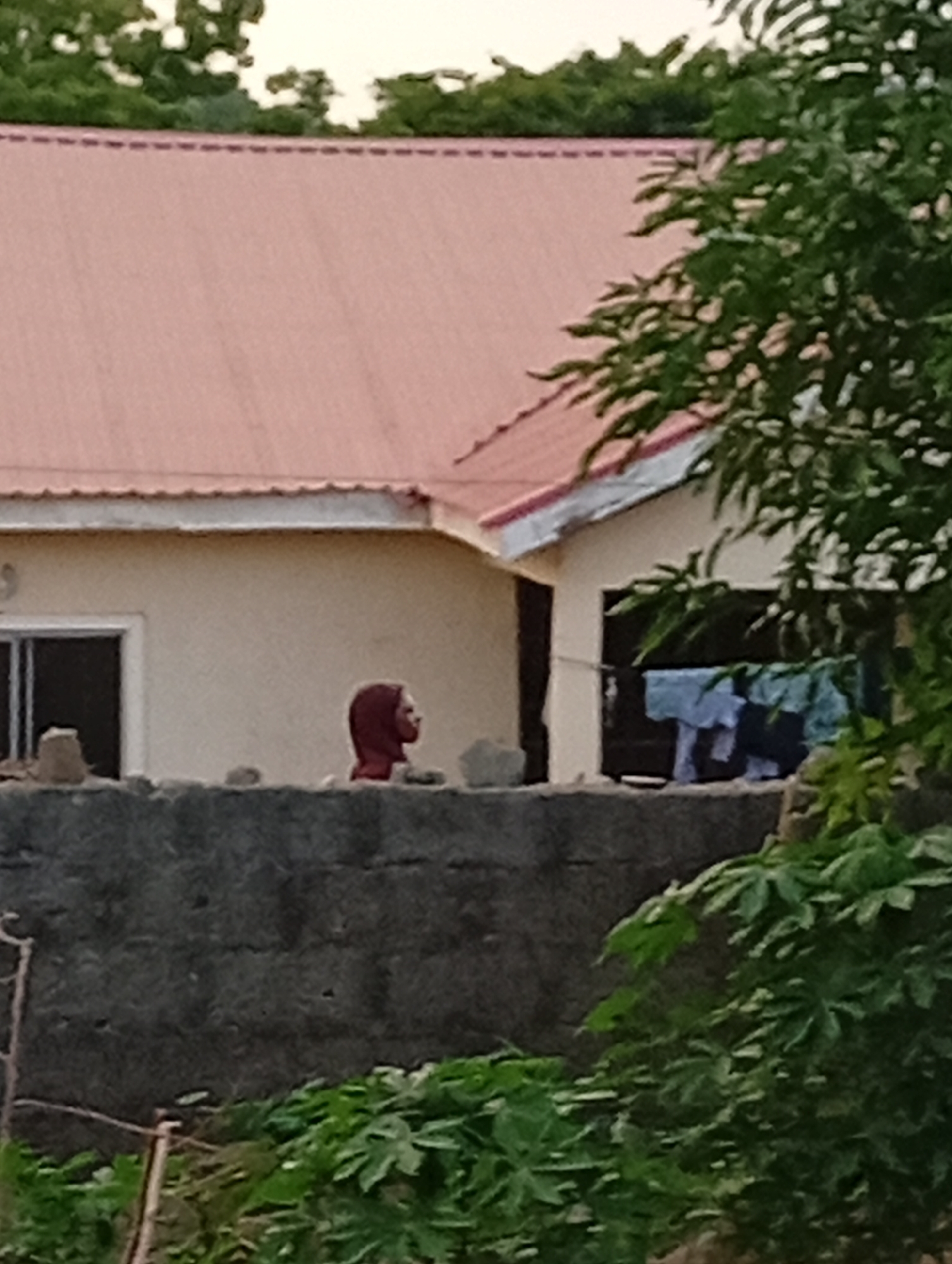 The image presents a scene in an outdoor setting, possibly in a suburban or rural area. A light-colored building with a red roof is the primary backdrop. To the left of the building, a window is visible, and clothing is hanging to dry on a line within an open area to the right. A gray concrete wall runs across the midground of the frame, and a person wearing a red head covering is seen standing behind the wall. Vegetation is present in the foreground and to the right, partially obscuring the view of the scene. The city and specific location are unknown.