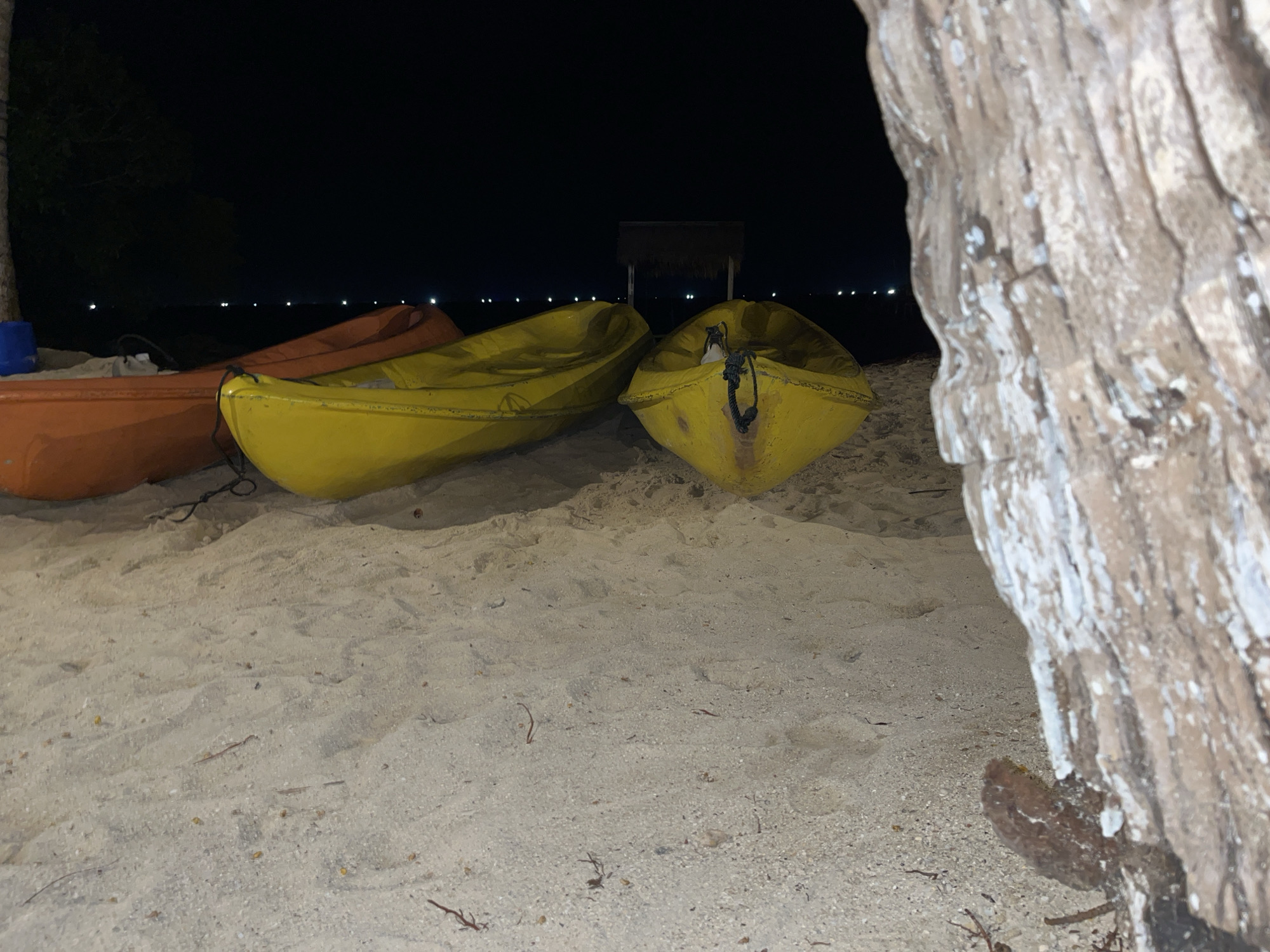 The image depicts a beach scene at night, with three kayaks resting on the sand. Two of the kayaks are bright yellow, positioned in the foreground and middle ground. The third kayak, orange, is partially visible on the left side. The kayaks appear to be unoccupied, with no people present.
In the background, a dark expanse suggests the sea, with a faint line of distant lights visible along the horizon. A small, thatched-roof structure is also visible in the mid-background, possibly a shelter or hut. The sky is completely dark, indicating it is nighttime. The sand is light-colored and appears undisturbed, with a few small pieces of debris scattered on it.
A large, weathered piece of driftwood or a tree trunk dominates the right side of the frame, its rough texture and lighter colored markings prominent in the dim light. The overall mood is quiet and serene, typical of a beach at night. There is no visible text in the image. The location is identified as Legonipah, Indonesia.