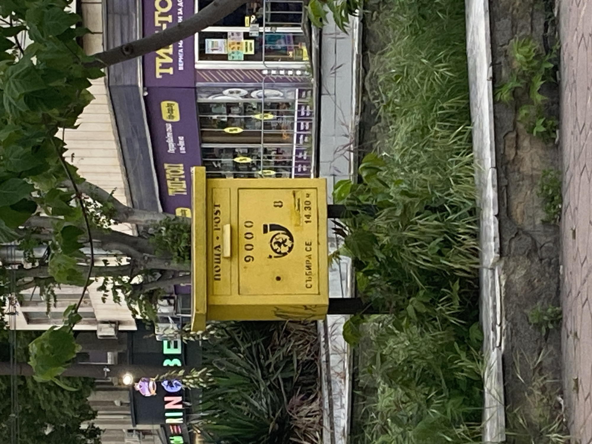 The image captures a street scene in Varna, Bulgaria, featuring a bright yellow Bulgarian Post box prominently displayed on the right side of the sidewalk, against a backdrop of greenery and a stone edge. The post box reads "ПОША • POST", "9000" and "СЪБИРА СЕ 14.30 ч" in Cyrillic script along with the Bulgarian Post logo.
Behind the post box is a commercial building with purple signage reading "М-ТОП" and "ТИ-ТО", which appears to be a store or pharmacy. A tree with green leaves partially obscures the view of the buildings, adding a natural element to the urban setting. Further down the street, a neon sign with the letters "EING" and "BEN" is visible.