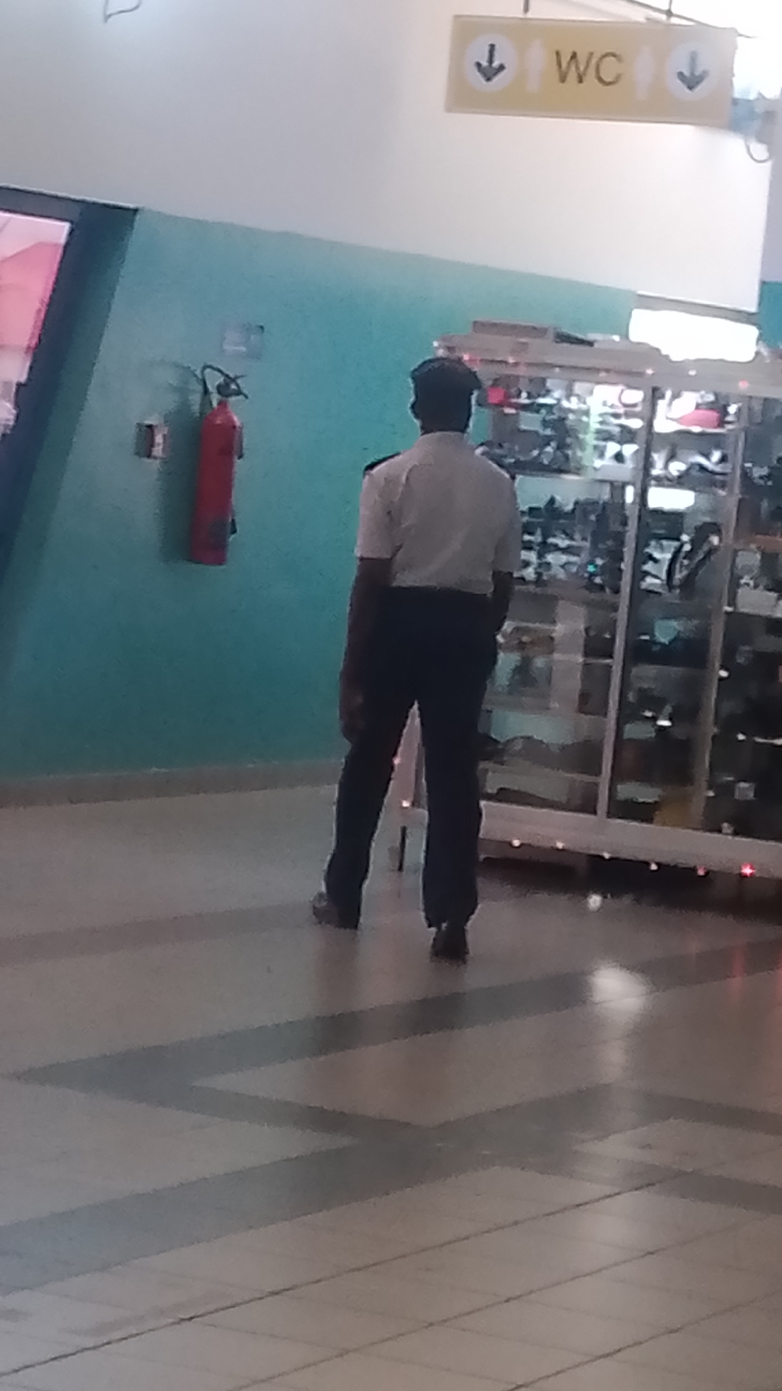 A man in a light-colored, short-sleeved shirt and dark trousers stands with his back to the viewer in what appears to be a public space. Above him, a sign indicates "WC" with arrows pointing in both directions, suggesting a restroom location. Behind him is a glass display case filled with an assortment of objects. To the left, mounted on a blue-green wall, is a red fire extinguisher. The floor is tiled with a gray and white pattern. The location appears to be indoors and possibly a transit hub or shopping center in Orerokpe, Nigeria.