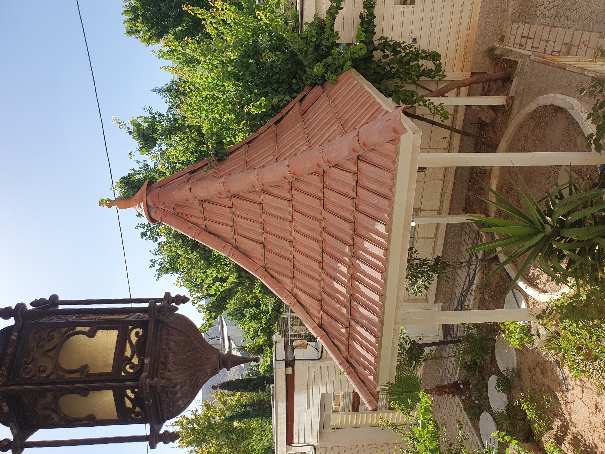 This image depicts a sunny outdoor garden scene in the city of Unknown, Unknown. In the upper left foreground, a large, ornate dark metal lantern with intricate scrollwork and yellowish translucent panels hangs suspended. The sky above is clear and light blue, traversed by a single dark utility wire in the upper-middle.
The central feature of the midground is a gazebo-like structure with a conical roof covered in reddish-orange terracotta tiles, topped by a small, pointed finial. The roof is supported by white posts, and beneath it, a circular raised bed of dry earth is visible. To the left of this structure, a garden area features several round, light-colored stepping stones set into dry, cracked soil. A small palm-like plant with a short trunk is planted in this area. To the right, a large, spiky agave-like plant grows in the soil adjacent to the structure. Various other green shrubs and potted plants are dispersed throughout the garden beds, and climbing vines are seen growing up the gazebo posts and along the background wall.
In the background, a white wall or fence with horizontal paneling runs across the scene, partially obscured by lush green trees. A small, white door-like opening is visible in the wall to the left. Beyond the trees, the faint outlines of distant buildings and a light-colored mountain range can be seen on the horizon. Black electrical conduits are fastened to the white wall in the mid-left. To the far right, a paved pathway composed of interlocking light-colored bricks extends from the bottom of the frame. The scene is brightly illuminated by sunlight, casting distinct shadows. No people or animals are present.