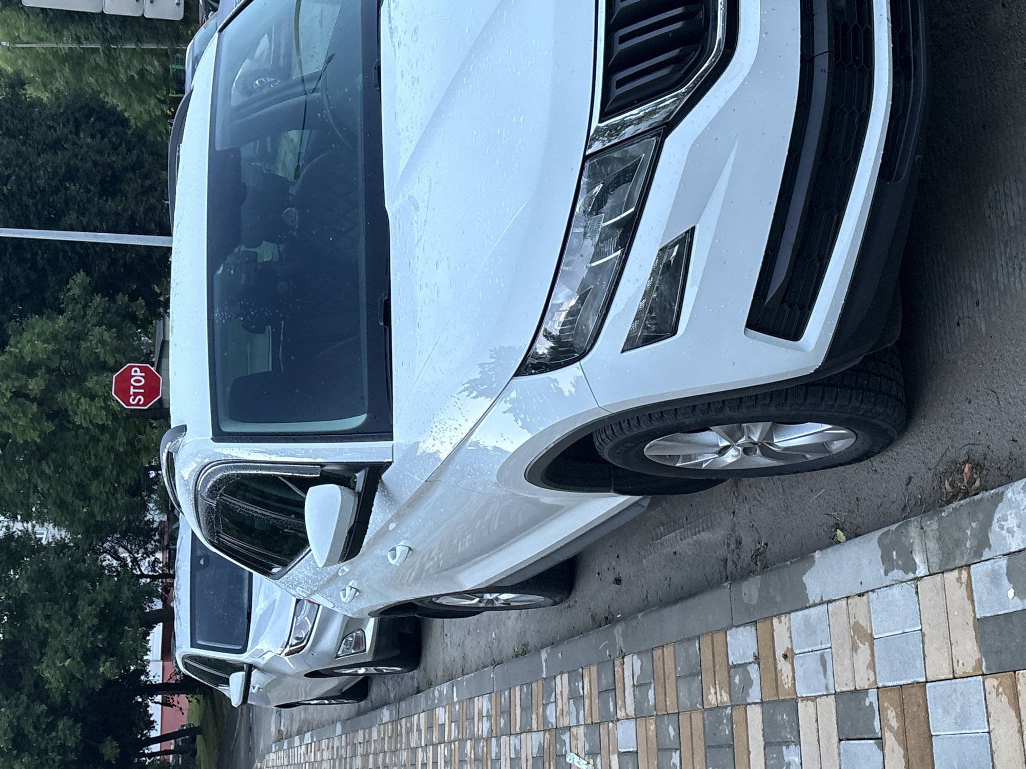 The image shows a white SUV parked on the side of a street with a cobblestone sidewalk. The vehicle is wet, suggesting it may have recently rained. There is another silver car parked behind the white SUV. A red stop sign is visible in the background. The scene appears to be in a residential or commercial area with trees lining the street. The overall impression is one of a quiet street in a city, possibly in Vitsebsk, Belarus, given the context.