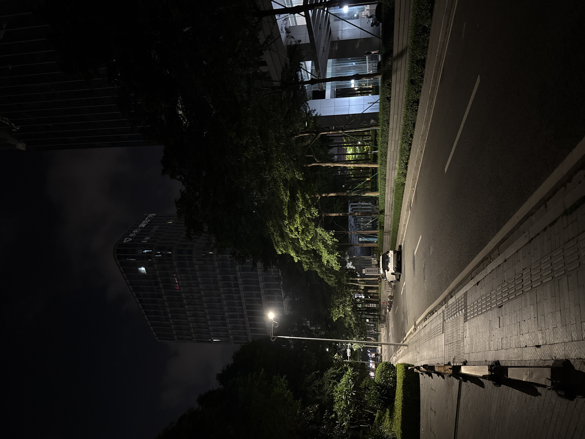 This media file depicts an urban scene at night, likely in Haizhu District, China. The perspective is from street level, looking down a street lined with trees and modern buildings. A tall, multi-story building with a dark, glass-paneled facade dominates the left side of the frame, its windows illuminated by interior lights. Across the street, another building with a glass facade reflects the ambient light.
The street itself is dark asphalt with a white lane marker. Adjacent to the street is a sidewalk paved with patterned bricks and tactile paving for the visually impaired. A row of neatly trimmed green hedges separates the sidewalk from a pedestrian walkway or plaza further to the left. A modern street lamp illuminates a portion of the sidewalk.
In the background, various elements suggest ongoing urban activity. There are traffic barriers and possibly some parked vehicles. The lighting is primarily artificial, casting shadows and creating a nighttime ambiance. The weather appears clear, with no visible precipitation. The overall mood is quiet and somewhat serene, characteristic of a city at night.
There is some faint text visible on the side of the tall building on the left, appearing as white characters against the dark facade. However, the text is not clear enough to be legible. The scene gives a sense of a well-developed urban environment with contemporary architecture and infrastructure.