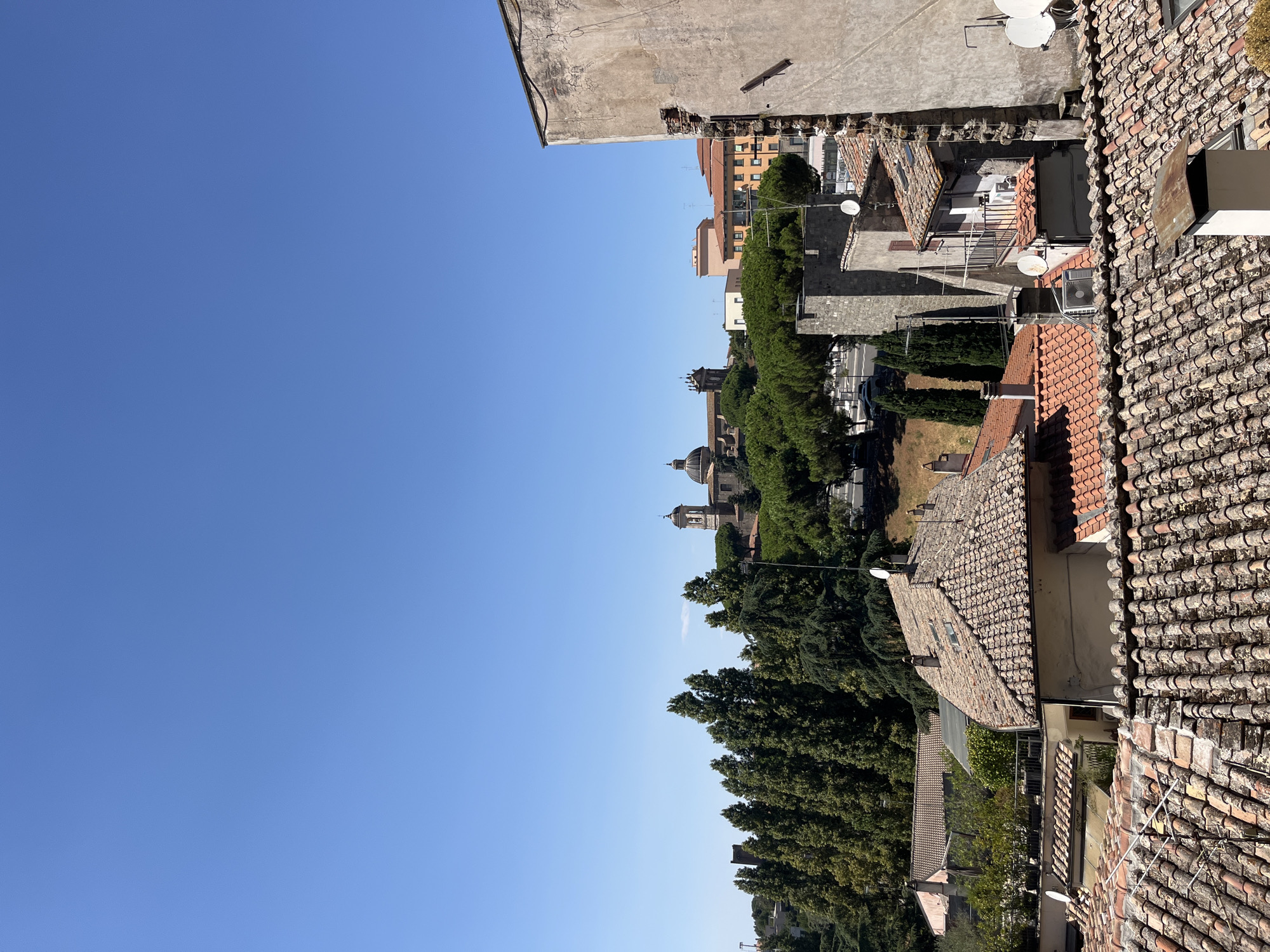 The image depicts a view of Viterbo, Italy, showcasing a collection of buildings with terracotta tile roofs, lush green trees, and a clear blue sky. In the distance, two prominent domes of a church or cathedral are visible, suggesting a historical or religious center. The foreground features the aged rooftops of residential or older structures, some showing signs of wear and tear. Several cypress trees are interspersed among the buildings, adding to the Mediterranean aesthetic. The scene appears to be taken from an elevated vantage point, possibly a balcony or another building, offering a panoramic perspective of the city's architecture and natural elements. The overall impression is one of a tranquil, sunlit day in an Italian town.