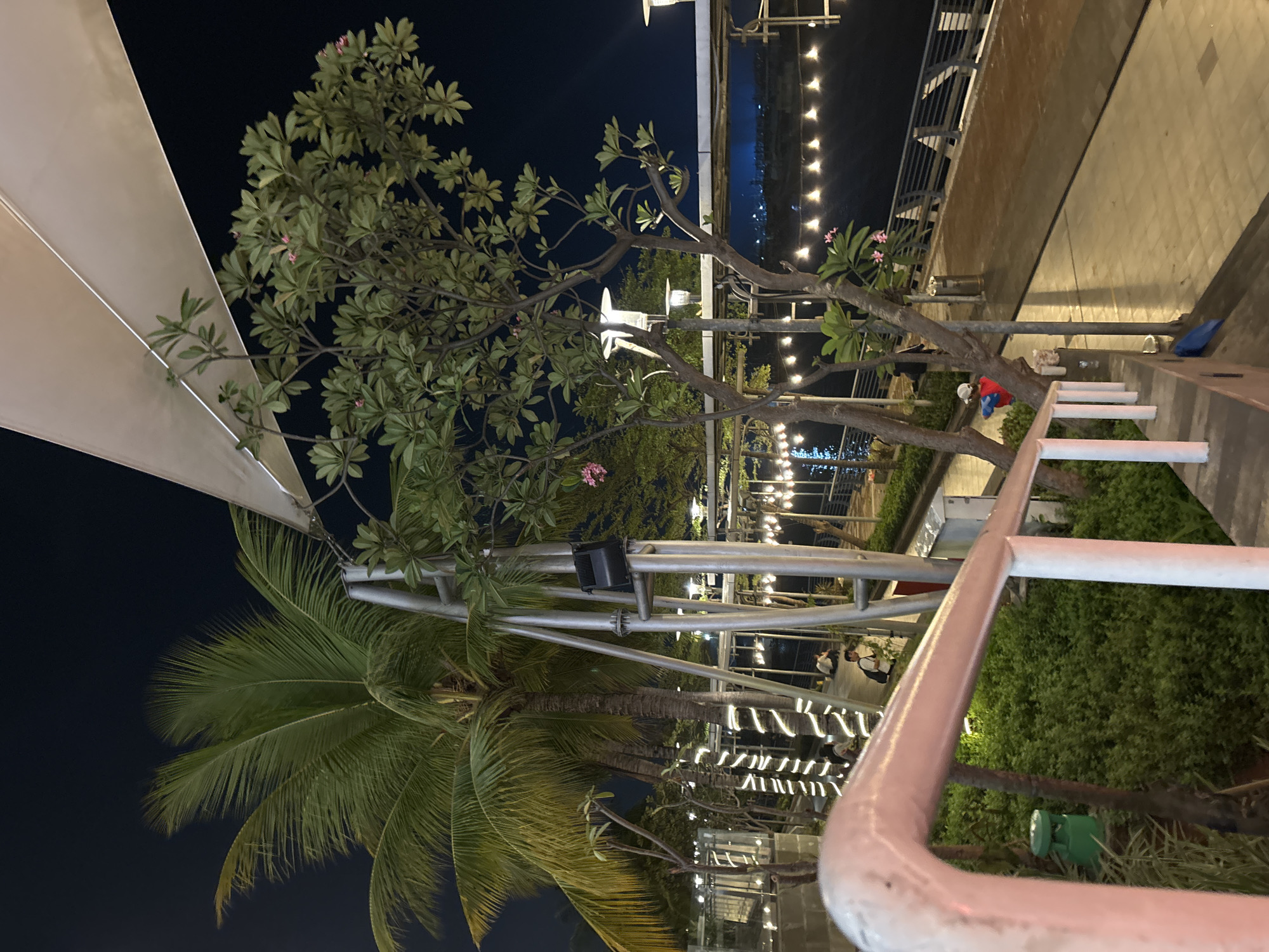 The image depicts an outdoor nighttime scene along a waterfront promenade in North Jakarta, Indonesia. In the foreground, a white railing curves towards the bottom right of the frame, obscuring some of the view. Beyond the railing, lush green foliage and palm trees are visible, with some palm tree trunks decorated with white string lights.
The promenade itself is paved with light-colored tiles and lined with railings. A pathway runs alongside the water, which appears to be a river or bay. Along the promenade, various streetlights and strings of decorative lights illuminate the area, casting a warm glow. Several people are casually seated or walking along the promenade, suggesting a public gathering space or a recreational area. In the middle ground, a person wearing a red shirt and a white cap is visible, holding what appears to be a blue object.
The background shows a darker expanse of water and the lights of the cityscape or distant structures across the water. The overall atmosphere is calm and inviting, with the night lighting creating a pleasant ambiance. The presence of palm trees and the style of architecture suggest a tropical or subtropical location, consistent with North Jakarta.