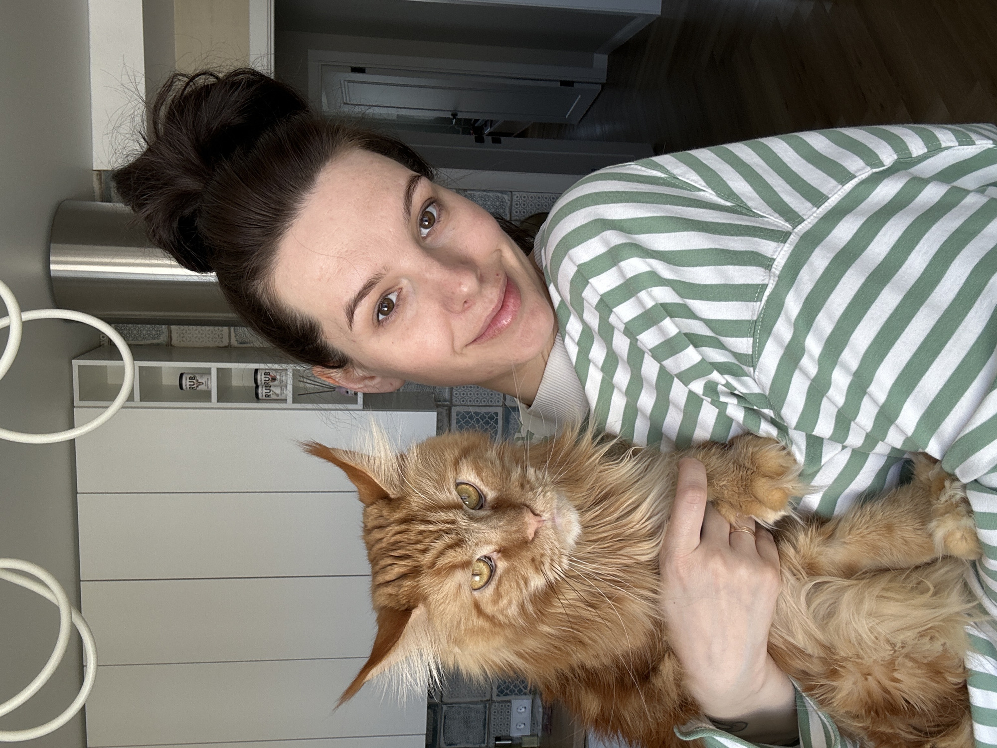 A woman with dark hair in a bun and wearing a green and white striped shirt is holding an orange Maine Coon cat. The background appears to be a modern kitchen with white cabinets. It is not possible to determine the specific location in Chaikovsky, Russia from this image.