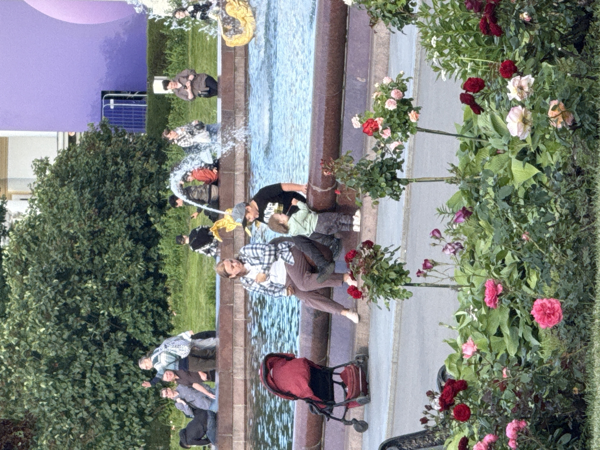 The image depicts a public fountain area, likely in Moscow, Russia, with a variety of people relaxing and interacting. In the foreground, a vibrant rose garden is in bloom, with many roses in shades of red, pink, and white. Behind the garden, a group of people are seated on the edge of a fountain, with water spraying in the background. A woman in a plaid shirt and brown pants is seated next to a red stroller, and a young child in a light green outfit is standing beside a boy in a black t-shirt. Further back, several other individuals are visible, some sitting and others standing. The backdrop includes a large green tree and a purple building.