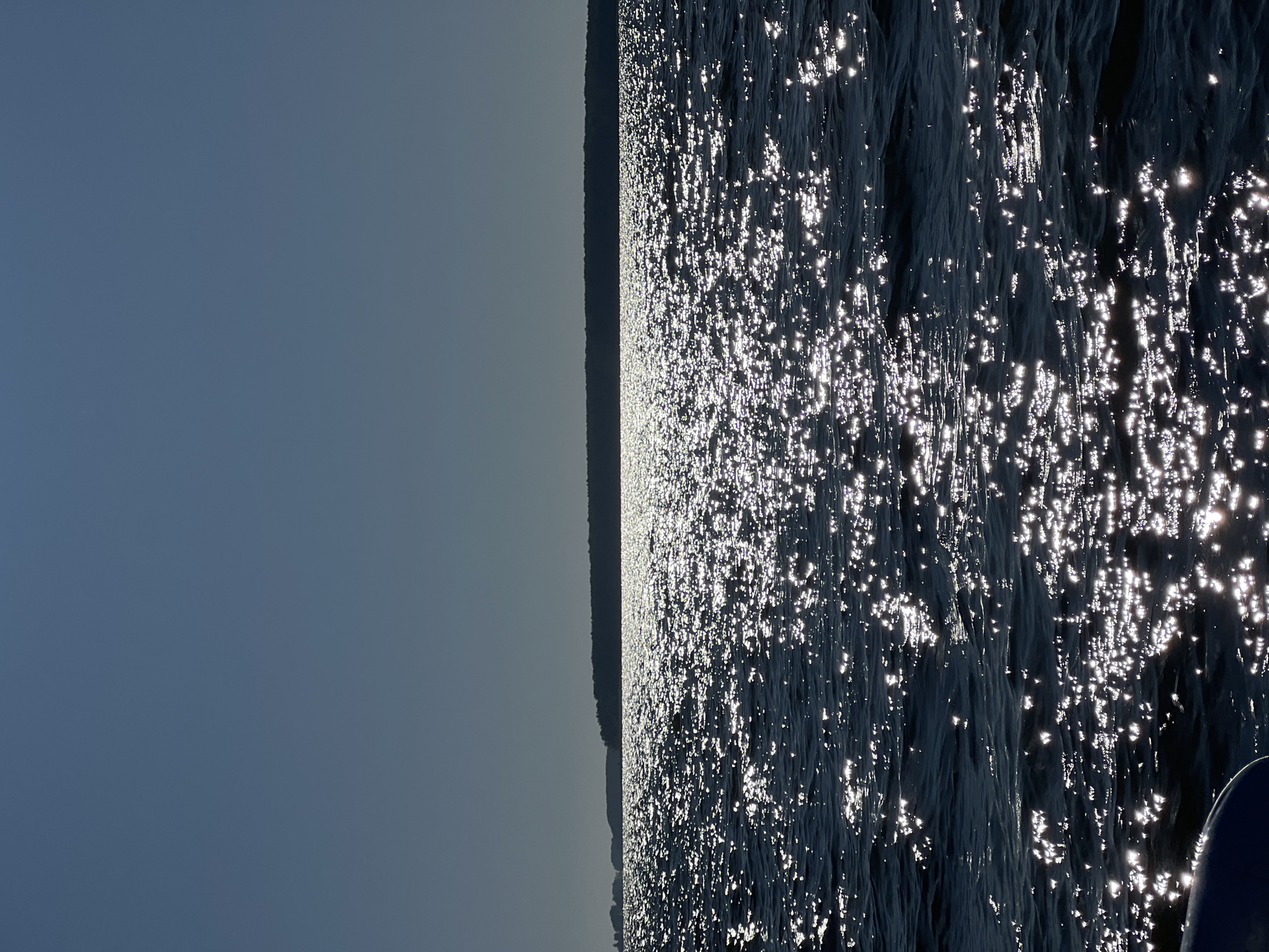A wide shot captures a body of water under a clear, pale blue sky. The water's surface is textured with ripples and reflects the sunlight in a dazzling display of bright, white sparkles, creating a sparkling effect across the majority of the frame. In the distance, a dark, silhouetted treeline stretches horizontally across the horizon, marking the edge of land. The scene appears to be a natural landscape, likely a lake or a sea, and given the context, it is situated in Novopichugovo, Russia. There are no people or man-made objects prominently visible in the image.