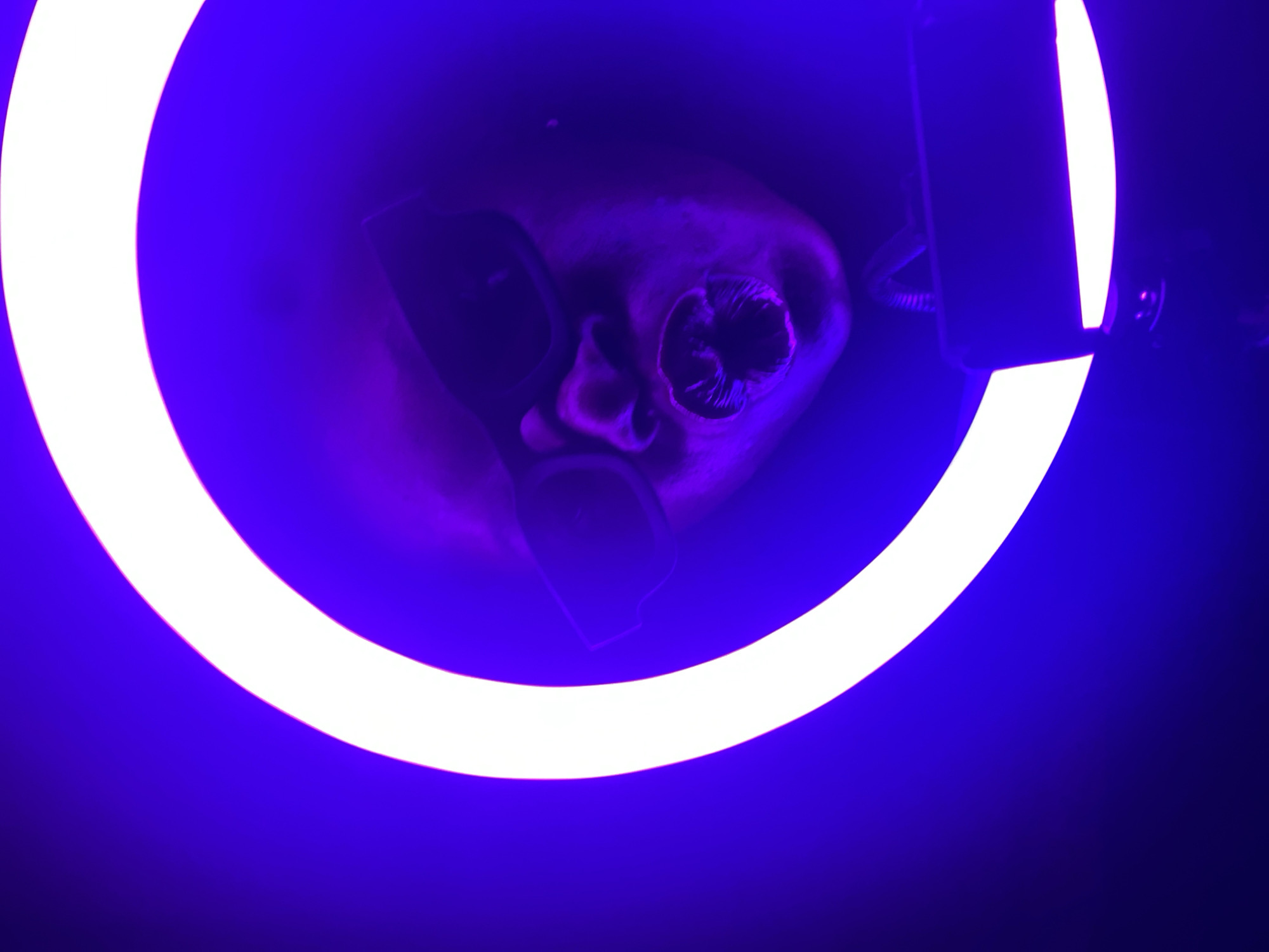 The image presents a close-up, high-angle view of a subject framed by a bright, circular ring light against a dark, deep purple background. The subject appears to be a head, possibly a mannequin or a person, depicted with dark sunglasses covering the eyes. The features of the head are stylized and somewhat obscured by the lighting and angle; a nose is visible beneath the sunglasses, and what appears to be an open mouth or a cavity is discernible below it.
The prominent white ring light dominates the composition, casting a vivid glow and creating a strong contrast with the surrounding dark environment, which is bathed in purple and blue hues. On the right side of the ring light, a black mount, likely intended for a smartphone or camera, is visible. The artificial illumination suggests an indoor setting or a nighttime scene.
The activity taking place is likely a stylized photoshoot or video recording, possibly a close-up or selfie, utilizing the ring light for dramatic and even eerie effect. The mood of the image is mysterious and abstract, with the obscured facial features contributing to an enigmatic atmosphere. There is no visible text in the media file. While the location context provided is Maigizo, Nigeria, there are no specific visual cues within the image itself to confirm this geographical location.