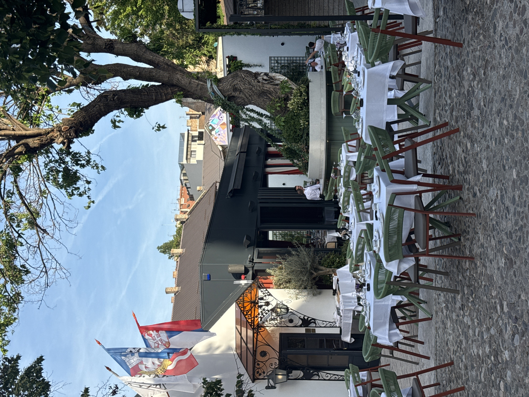 This image depicts a street scene in Belgrade, Serbia, featuring an outdoor dining area. The tables are set with white tablecloths and glassware, suggesting preparation for service. Patrons and staff members are present, but specific interactions are not discernible. Serbian flags are visible near the entrance of what appears to be a restaurant or establishment. Above, a large tree dominates the view, partially obscuring the rooftops and a patch of the blue sky. The street is paved with stone or cobblestone.