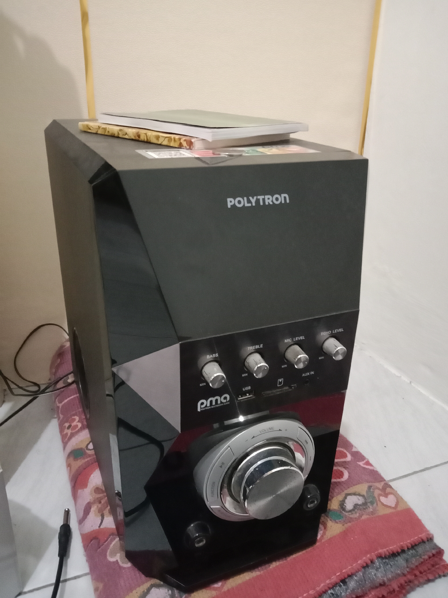 A black POLYTRON speaker is shown in this image. It is a tall, rectangular speaker with a glossy black finish. The speaker has several control knobs on the front, including controls for bass, treble, mic level, and echo level. There is also a volume knob and buttons for USB and AUX input. The speaker is placed on a red and pink patterned rug. In the background, there is a plain, light-colored wall. There are no people visible in the image. The overall scene appears to be an indoor setting, likely a room in a home. The image is taken from a slightly elevated angle, looking down at the speaker. The lighting is adequate, and the details of the speaker and its controls are clearly visible.