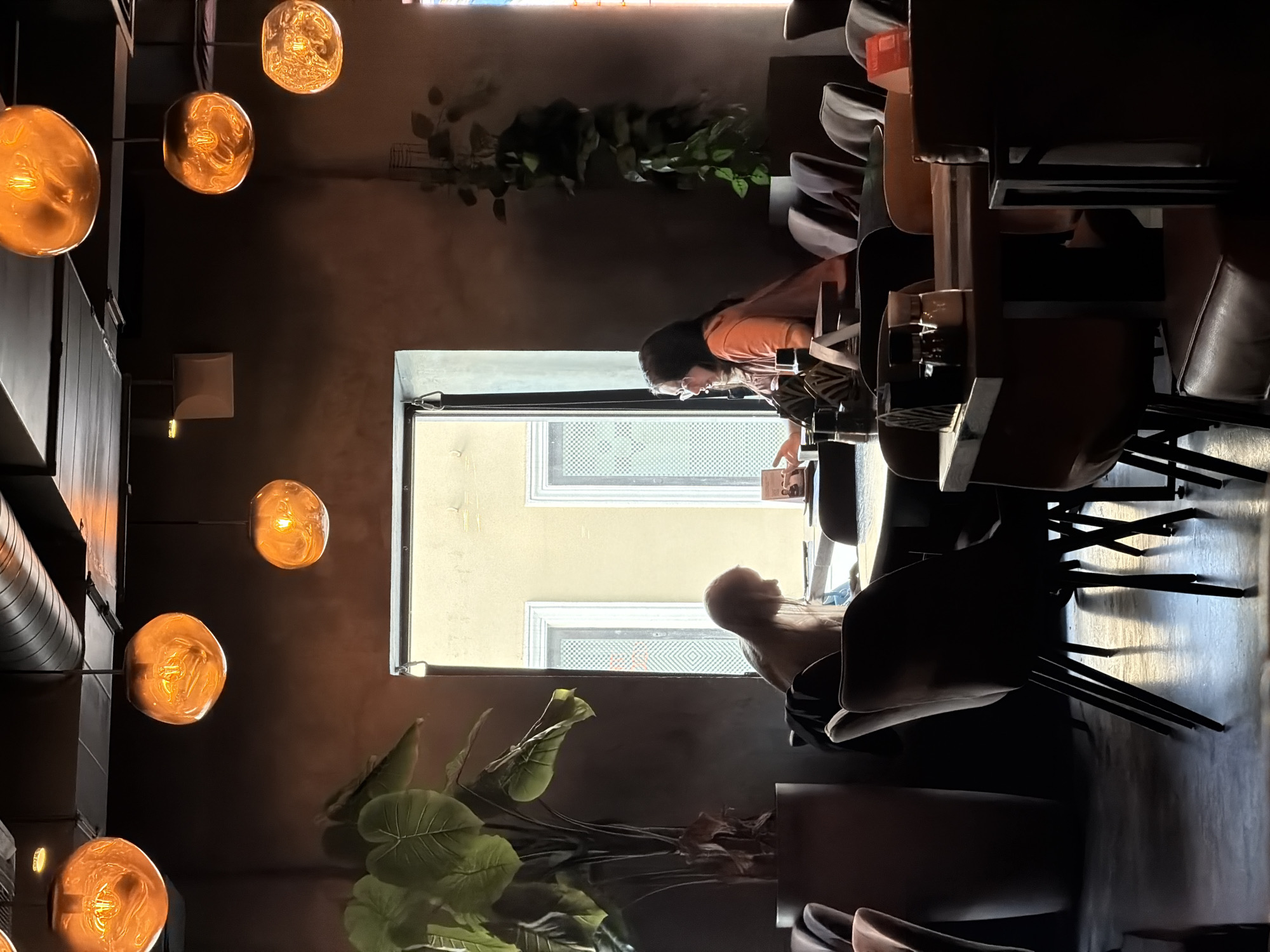 The image shows an interior scene in what appears to be a restaurant or cafe. Several spherical light fixtures hang from the ceiling on the left side of the frame. To the right, tables and chairs are arranged, occupied by a few people. One individual is seated near a window, looking out, while another person is engaged in an activity at the table. There's a window in the center of the frame offering a view of a building exterior. Plants are strategically placed to add greenery to the interior. The lighting is dim, with strong contrast between the bright window and the darker interior space. Based on the style and ambiance, this could possibly be a location in a modern cafe in Moscow, Russia, but no landmarks are visible to confirm this.