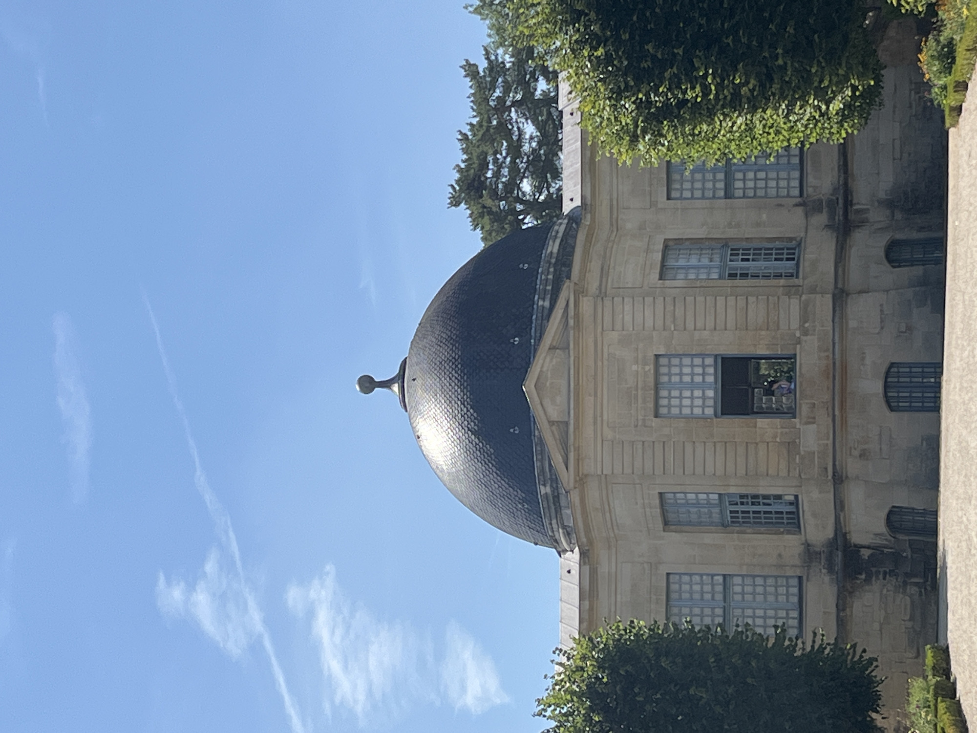 The image depicts the exterior of a classical building, likely in the city of Sceaux, France, characterized by its stone facade, arched windows, and a prominent dark dome topped with a finial. The building is flanked by lush green trees and set against a clear blue sky with wispy white clouds. Sunlight illuminates the scene, highlighting the architectural details and casting soft shadows. In one of the windows on the middle floor, a person can be seen looking out, partially obscured by the window frame. The foreground shows a paved area and manicured hedges, suggesting a public park or garden setting. The overall impression is one of historical architecture and serene natural beauty.
