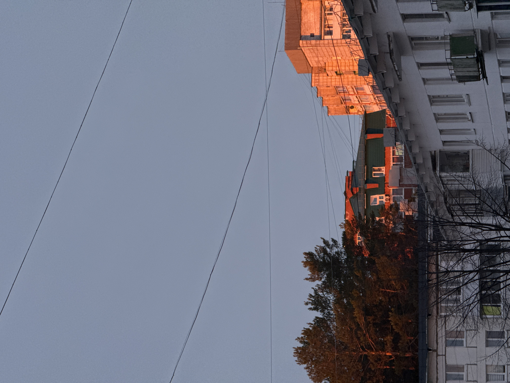 The image depicts a view in Chaikovsky, Russia. Buildings of varying heights line the scene, their architecture characteristic of Soviet-era construction. The buildings are primarily white and orange and have multiple windows. A tree is visible in the center, partially obscuring one of the buildings. Power lines intersect the sky. The light suggests either dawn or dusk.