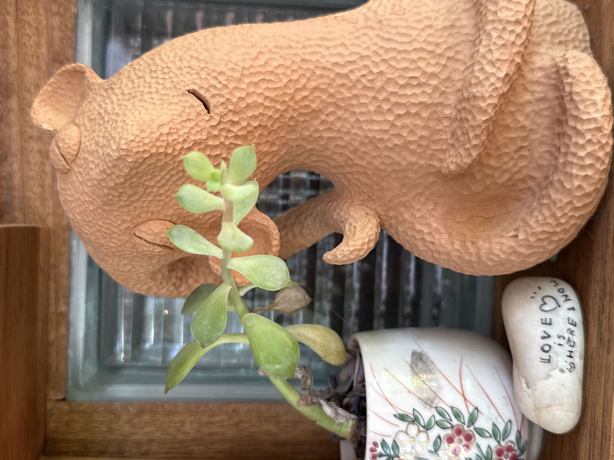 The image shows a close-up of a terracotta sculpture of an octopus, which is positioned in front of a frosted glass window. The octopus sculpture has a textured surface and appears to be holding a small succulent plant in its tentacles. To the left of the sculpture is a small, white ceramic pot decorated with a floral pattern, also containing a succulent plant. Below the pot, there is a smooth, light-colored stone with the words "LOVE is HERE & NOW" inscribed on it, along with a heart symbol. The scene is set on a wooden shelf. The lighting suggests it is daytime, with natural light filtering through the window. The overall aesthetic is decorative and peaceful. The location is specified as ตำบลเกาะพะงัน, Thailand.