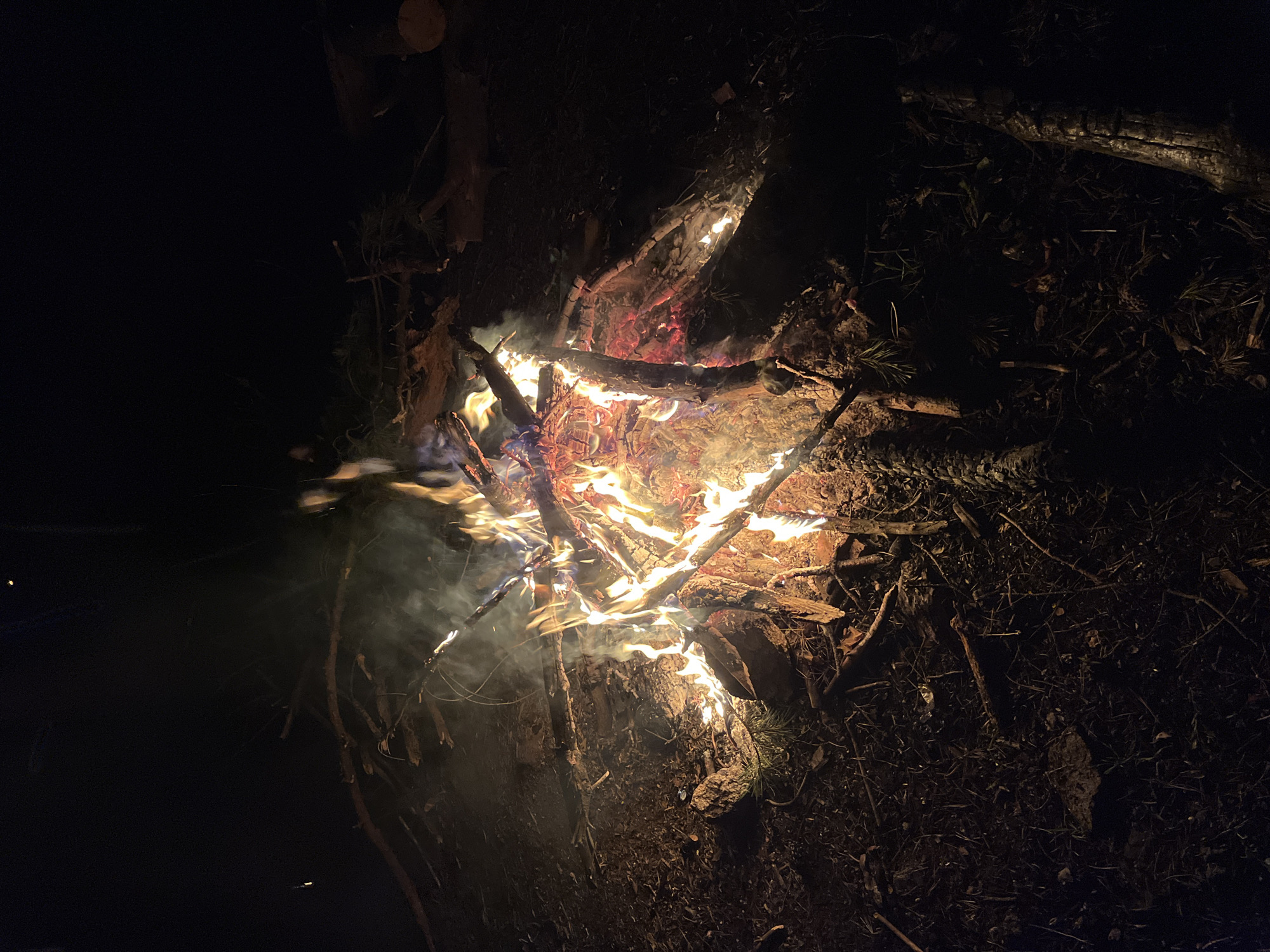 A night scene shows a campfire in a dark environment. The fire is actively burning with flames and smoke, fueled by logs and branches. The ground around the fire is covered in dark soil, twigs, and debris. The surrounding area is heavily shadowed, indicating a lack of ambient light. The location, Karavelovo, Bulgaria, is not visually evident in the image.