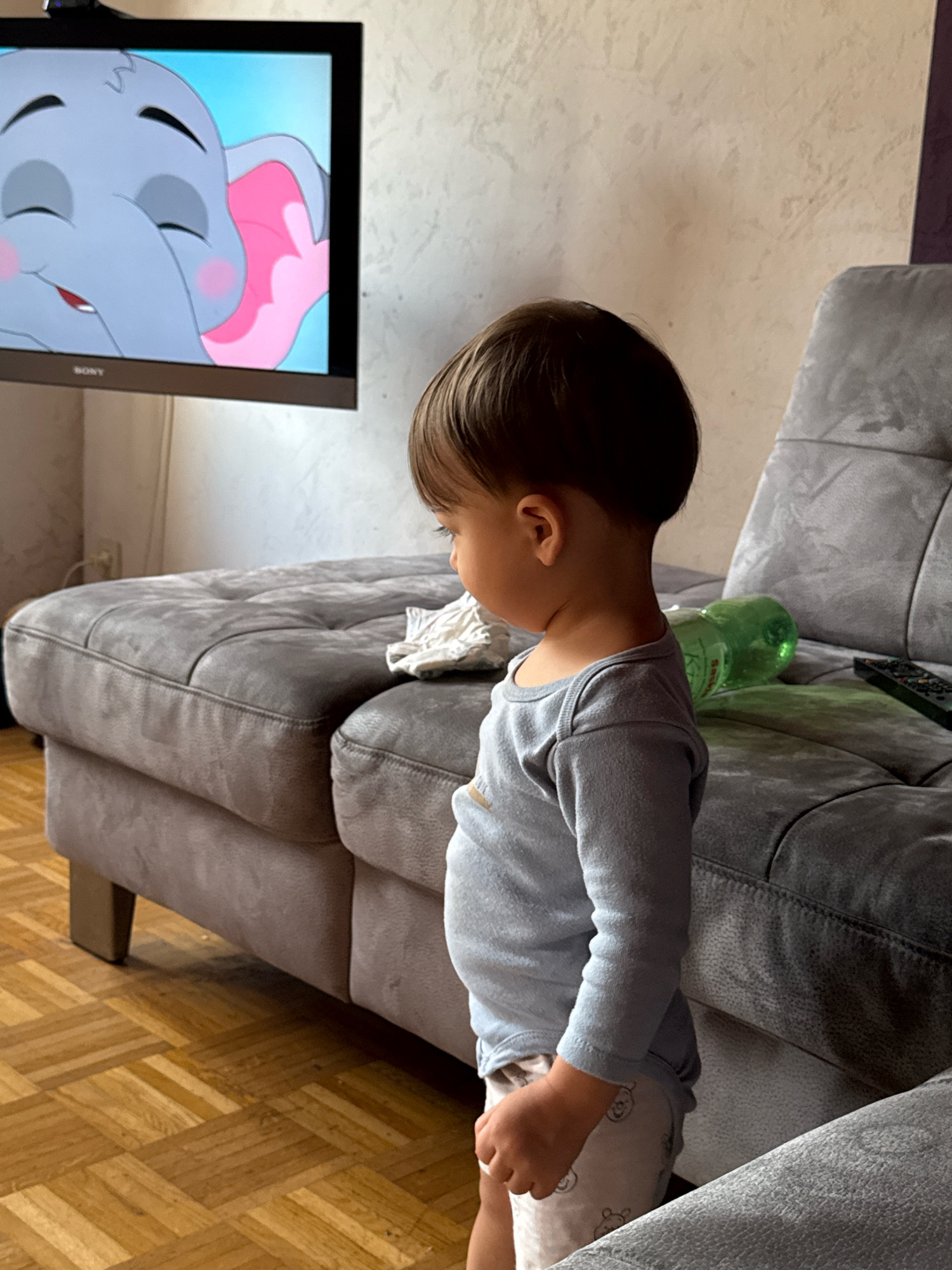 A toddler stands in a living room, facing a television screen displaying a cartoon elephant. The child, wearing a light blue long-sleeved onesie and patterned shorts, is positioned on a wooden parquet floor. Behind the child is a large, dark gray sectional sofa. On the sofa, a white cloth, a green plastic bottle, and a black remote control are visible. The room features a textured light-colored wall and a portion of a purple curtain. The television is mounted on the wall above a ledge. The scene appears to be indoors, in a residential setting. The exact location in Überherrn, Germany, cannot be determined from the image alone.