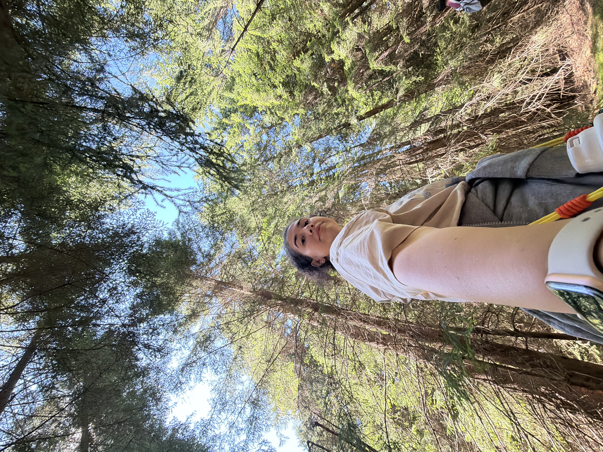 The image shows a young woman with curly dark hair wearing a light-colored t-shirt and gray pants, holding a camera as she takes a selfie. She is looking towards the camera with a slight smile. The background is a dense forest with tall coniferous trees and a bright blue sky visible through the branches. The lighting suggests it is daytime. The location is the city of Sarnitsa, Bulgaria, in a forest setting.