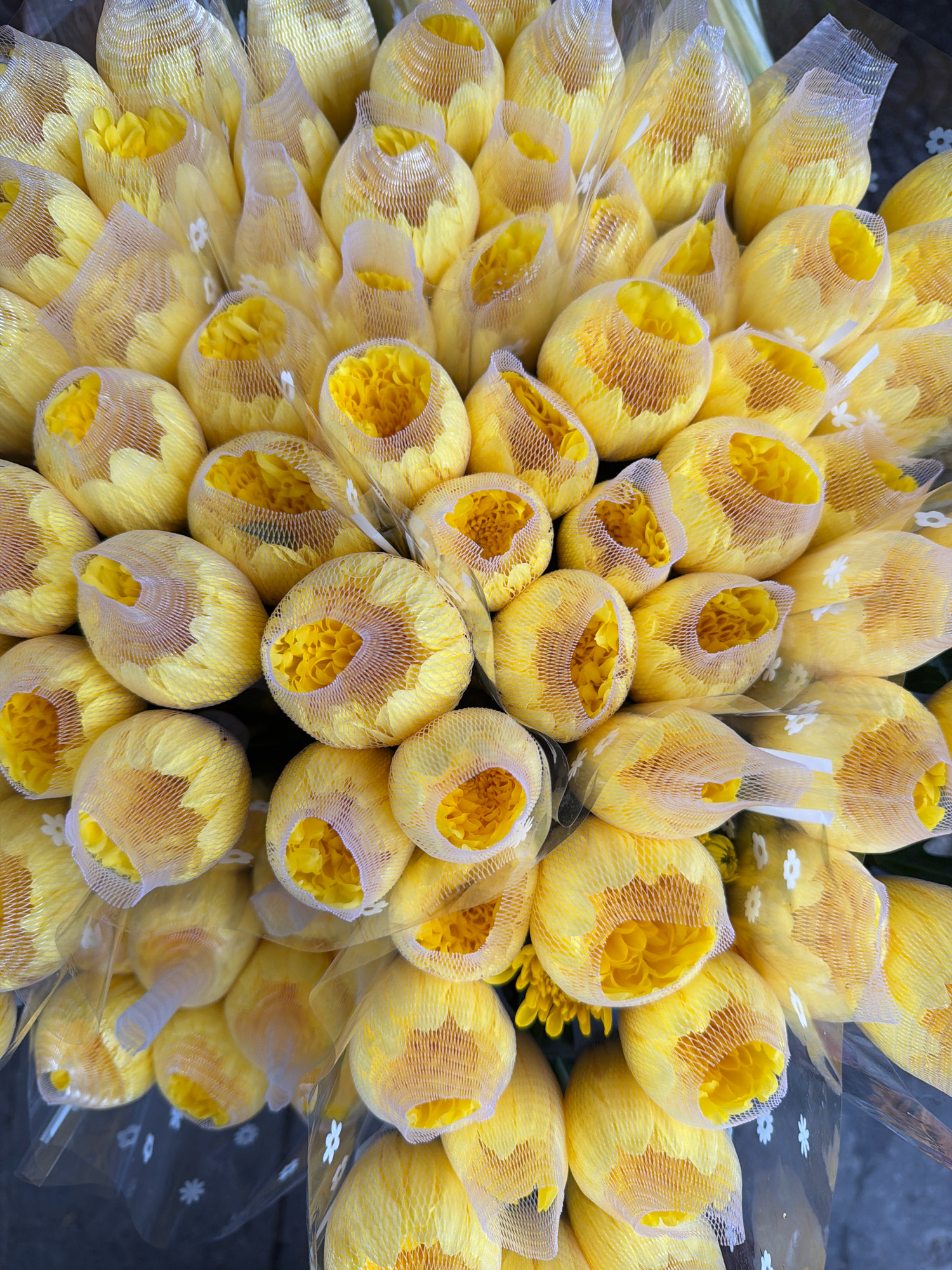 The image shows a close-up, overhead view of a large bunch of yellow flowers, likely chrysanthemums, bundled together and individually wrapped in clear plastic with a yellow mesh net. The flowers are tightly packed, with their yellow petals visible through the netting. Some of the plastic wrappings have white floral designs. The background appears to be a dark, possibly street surface. This scene is consistent with a flower stall or market in Đà Nẵng, Vietnam, where such flowers are commonly sold. There are no people or animals visible in the image.
