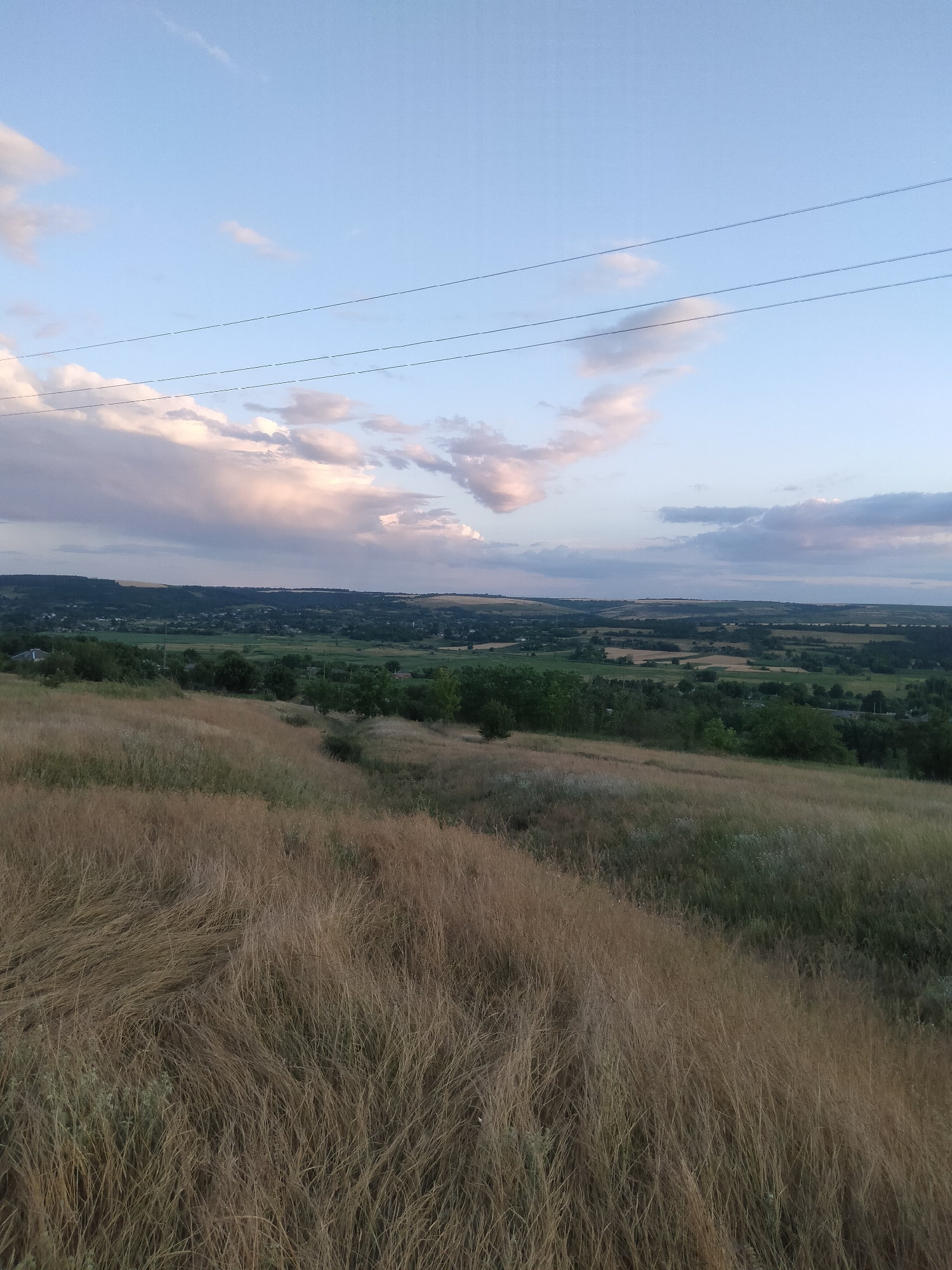 The image depicts a wide, rural landscape viewed from an elevated position. In the foreground, dry, golden grasses cover a hillside, sloping downwards and to the right. Beyond the foreground, a valley stretches out, dotted with scattered trees and agricultural fields. In the middle ground, a village is visible, with a cluster of buildings nestled among the greenery. The background shows rolling hills under a sky with scattered clouds, tinged with the soft colors of sunset or sunrise. Power lines are strung across the upper portion of the sky. The scene is devoid of any people or discernible actions. The location is identified as being in the city of Ananiv, Ukraine.