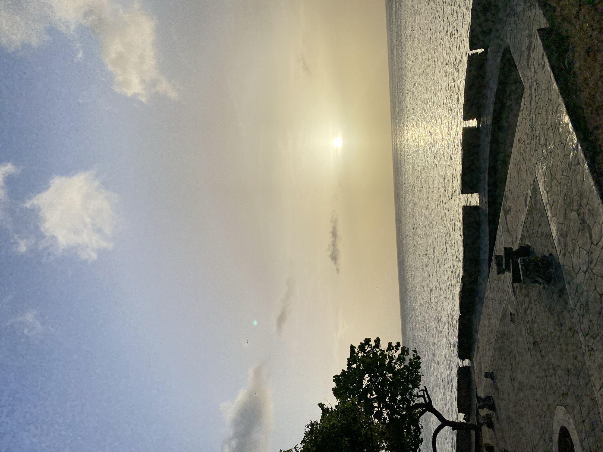 The image depicts a serene coastal view at sunset in Juan Griego, Venezuela. In the foreground, a paved area with stone benches and a low stone wall suggests a public viewing spot. To the left, a solitary tree with lush green foliage stands silhouetted against the sky. Beyond the wall, a calm ocean stretches to the horizon, reflecting the soft glow of the setting sun. The sky is a gradient of soft blues and pale yellows, with scattered clouds, and the sun is partially obscured by a thin layer of haze, casting a shimmering path across the water. The scene evokes a sense of tranquility and natural beauty.