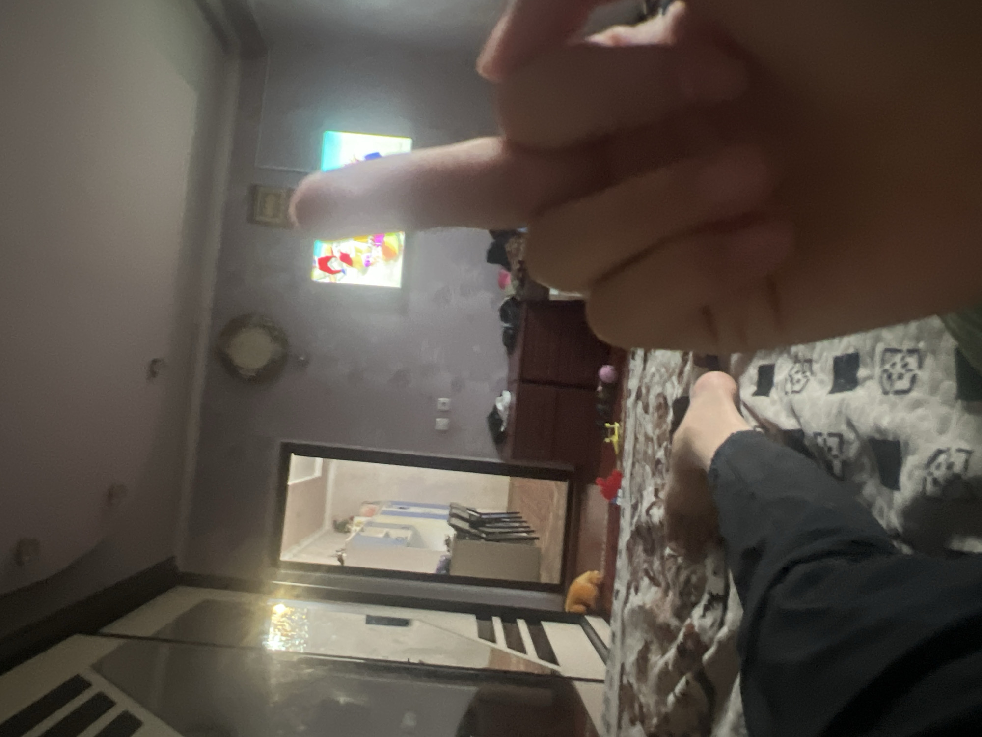 The image shows an indoor scene, likely a bedroom or living area in Bujum, Kyrgyzstan. In the foreground, a person's hand is prominently displayed, giving a middle finger gesture. The hand is blurred and appears to be close to the camera lens.
In the background, there's a television screen displaying a colorful image, possibly a cartoon or animation. To the left of the TV, a small, framed picture is visible on the wall. Further back, a doorway or opening leads to another room, where a bed with blue and white bedding is visible. There is also furniture in this adjacent room.
The main room has patterned bedding on what appears to be a bed or couch, on which a person's legs are visible, wearing dark pants. A small, orange, stuffed animal or toy is on the bed. The room has a somewhat cluttered appearance, with drawers and other objects on shelves. The lighting suggests it could be daytime or evening, but the interior setting makes it difficult to determine the exact time of day or weather. The overall mood conveyed by the gesture is one of defiance or anger. There is no visible text in the image.