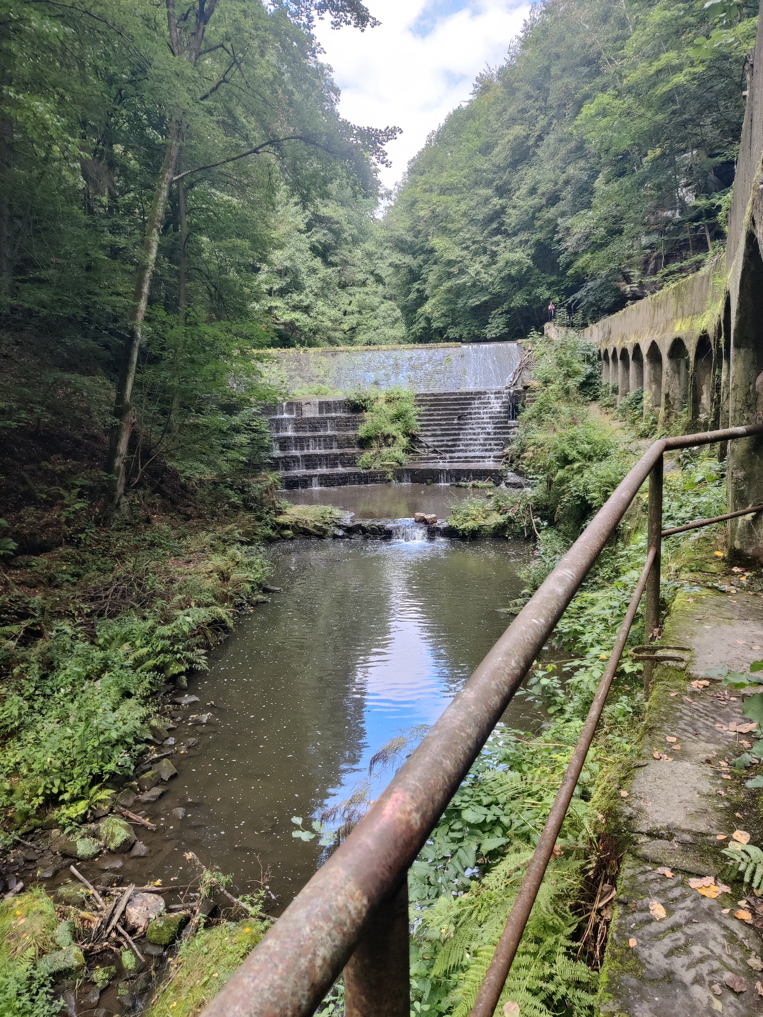 The image depicts a man-made waterfall and a retaining wall structure in a wooded area. The waterfall cascades down a series of stone steps, with a pool of water at its base. To the right of the waterfall is a weathered stone wall with arched openings, suggesting it is part of an older structure. A rusty metal railing runs along the edge of a paved path next to the wall, offering a vantage point over the water. Lush green foliage, including trees and ferns, surrounds the scene, indicating a natural, possibly semi-wild, environment. The presence of the stone structures suggests a historical or recreational site. This location is the "Hundst Urwald" located in Lohmen, Germany, famous for its dramatic rock formations and the historic dam.
