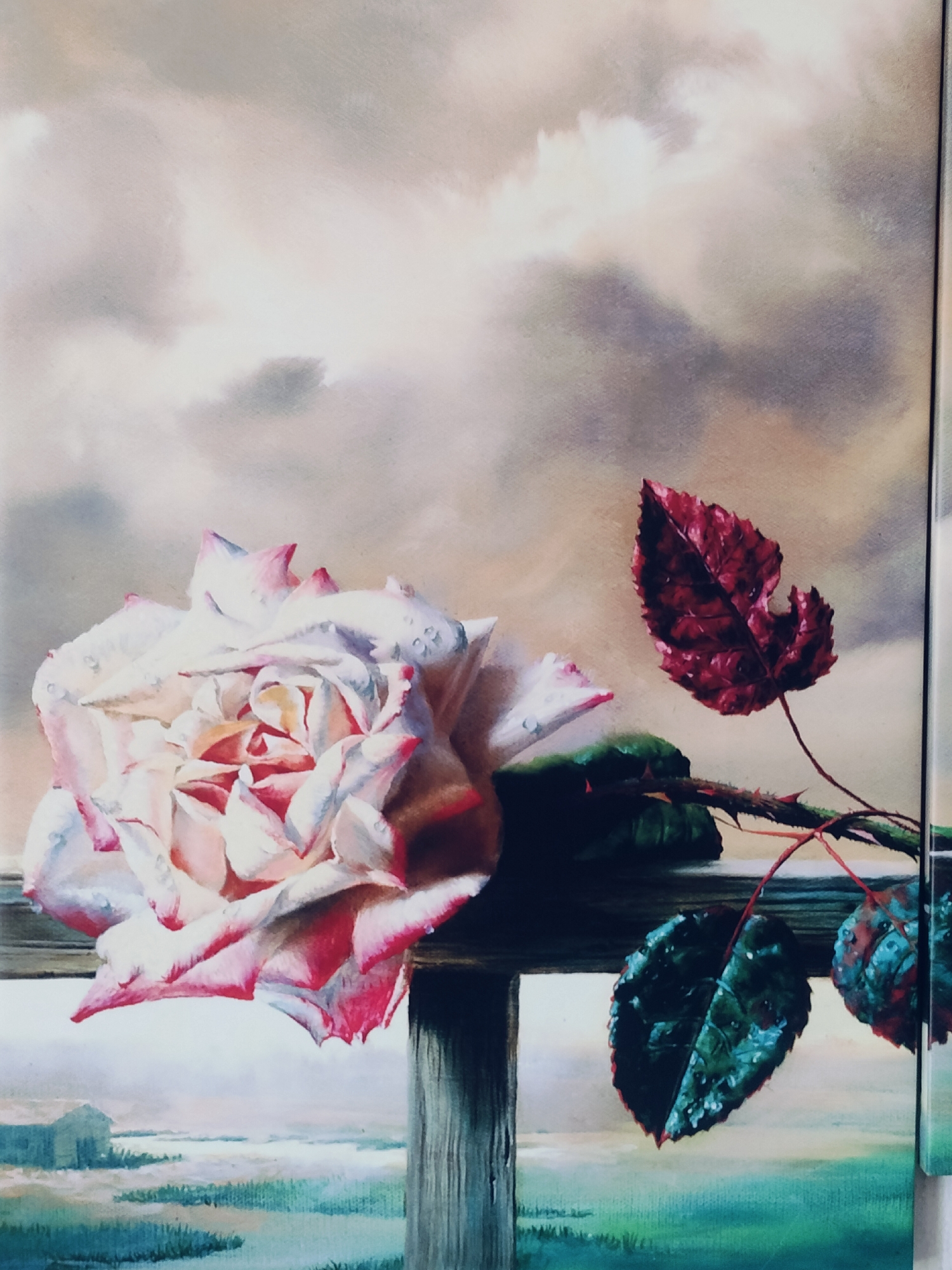 This is a painting of a rose with dew drops on its petals. The rose is a pale pink with red edges and is resting on a wooden railing. There are two dark green leaves and one red leaf attached to the stem of the rose, also with dew drops. In the background, there is a hazy landscape with a small building. The sky is cloudy. There is no information about the city of Aleysk, Russia in the image.