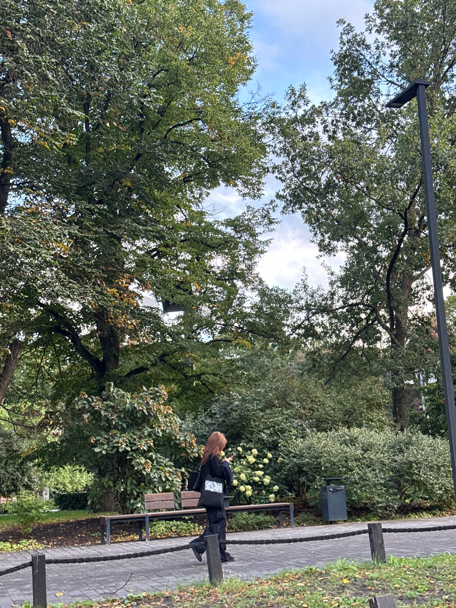 The image shows a park scene in Tallinn, Estonia, with lush green trees and a cloudy sky. A person with reddish-brown hair, wearing a black top and dark pants, walks along a paved path. They are carrying a black tote bag and appear to be holding a phone. To the left of the path, a wooden bench with metal legs is visible, and further back, a dark gray trash can stands amongst bushes. A lamppost is positioned on the right side of the frame, and a rope barrier runs along the edge of the path. The ground is covered with cobblestones and scattered fallen leaves.