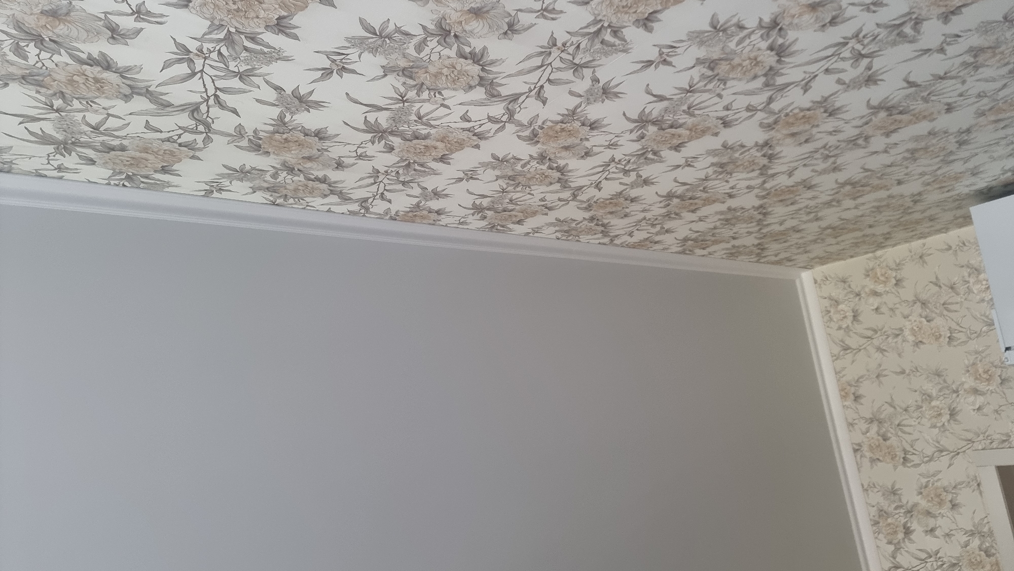 The image depicts an interior corner of a room. The ceiling is a smooth, light gray. The walls are covered in wallpaper with a floral pattern featuring muted cream and gray tones. A white crown molding runs along the junction of the ceiling and the walls. The perspective suggests the photo was taken from a low angle, looking upwards. The scene is static and appears to be part of a domestic interior. There are no people or animals visible.