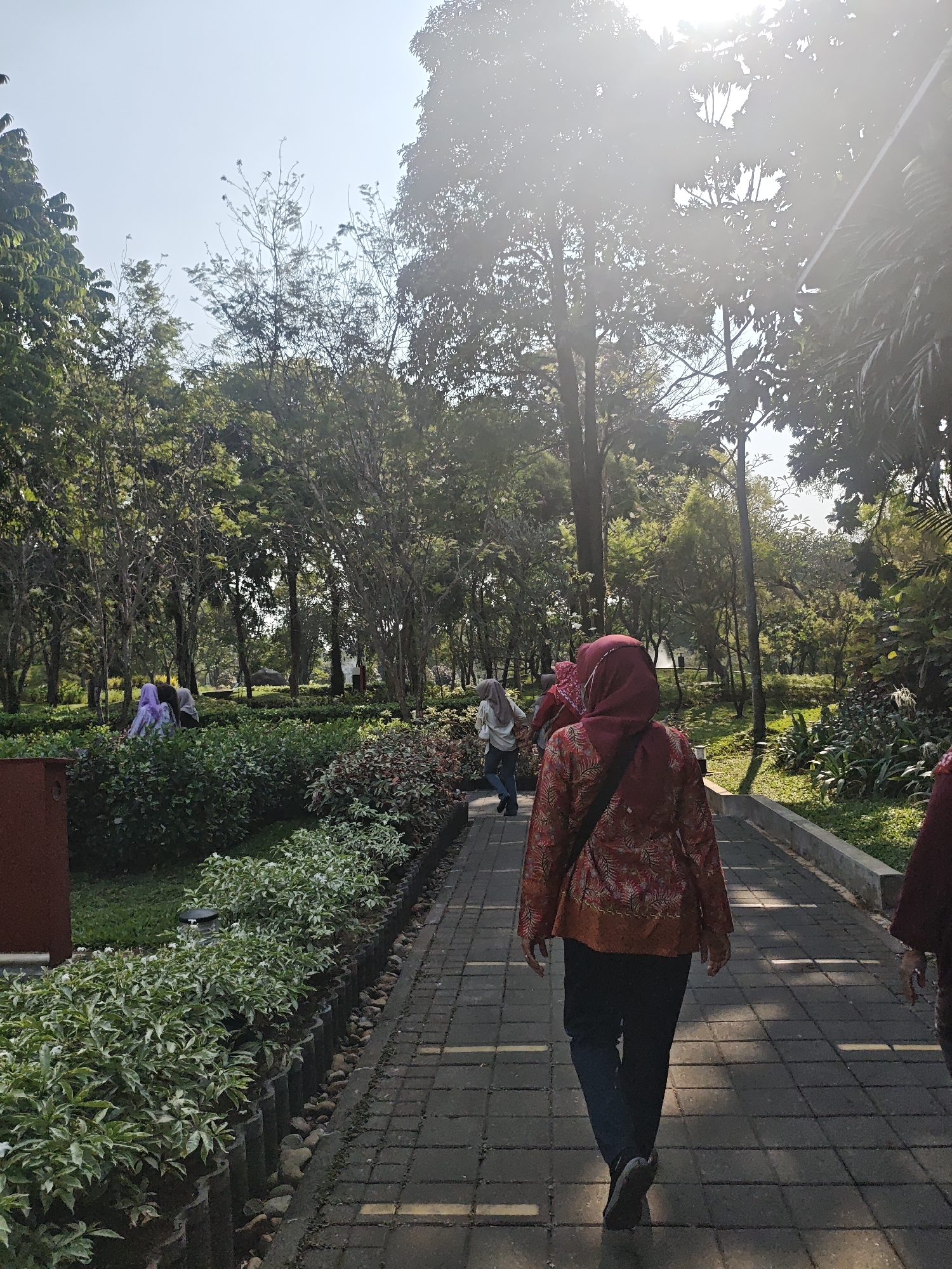 The image depicts a sun-drenched pathway in a lush park setting, possibly within the city of Purworejo, Indonesia. The pathway, paved with gray square tiles, is flanked on the left by meticulously maintained rows of green and variegated leafy plants in planters. On the right, the path runs alongside a raised concrete border and beyond that, dense, verdant foliage and trees.
In the foreground, walking away from the camera along the pathway, is a person wearing a red and orange patterned long-sleeved shirt and dark pants. Their back is to the viewer, obscuring their face. Another person in a maroon garment is partially visible to the far right, also walking away. Further down the path, several other individuals can be seen, some wearing headscarves, strolling through the park. The background is dominated by a dense canopy of mature trees, casting dappled shadows across the scene and filtering the bright sunlight that illuminates the sky. The overall impression is one of a peaceful, well-kept outdoor public space during daytime.
