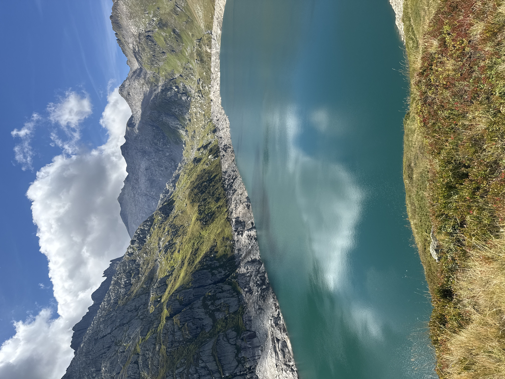 This is a landscape photograph taken from a high vantage point overlooking a vibrant turquoise lake nestled within a rugged mountain range under a bright blue sky with scattered white clouds. The mountains surrounding the lake are characterized by steep, rocky slopes, some covered in sparse green vegetation, particularly on the left side of the image. The water's surface reflects the sky and clouds, creating a shimmering, almost surreal effect. The foreground consists of a grassy slope dotted with small shrubs and dry grasses, suggesting an alpine environment. The scene depicts a serene and majestic natural setting. Based on the visual characteristics and the question's prompt for a location in Airolo, Switzerland, this image likely depicts a reservoir or natural lake in the mountainous region surrounding Airolo, such as the artificial lake Ritom, known for its striking turquoise waters and mountainous surroundings.