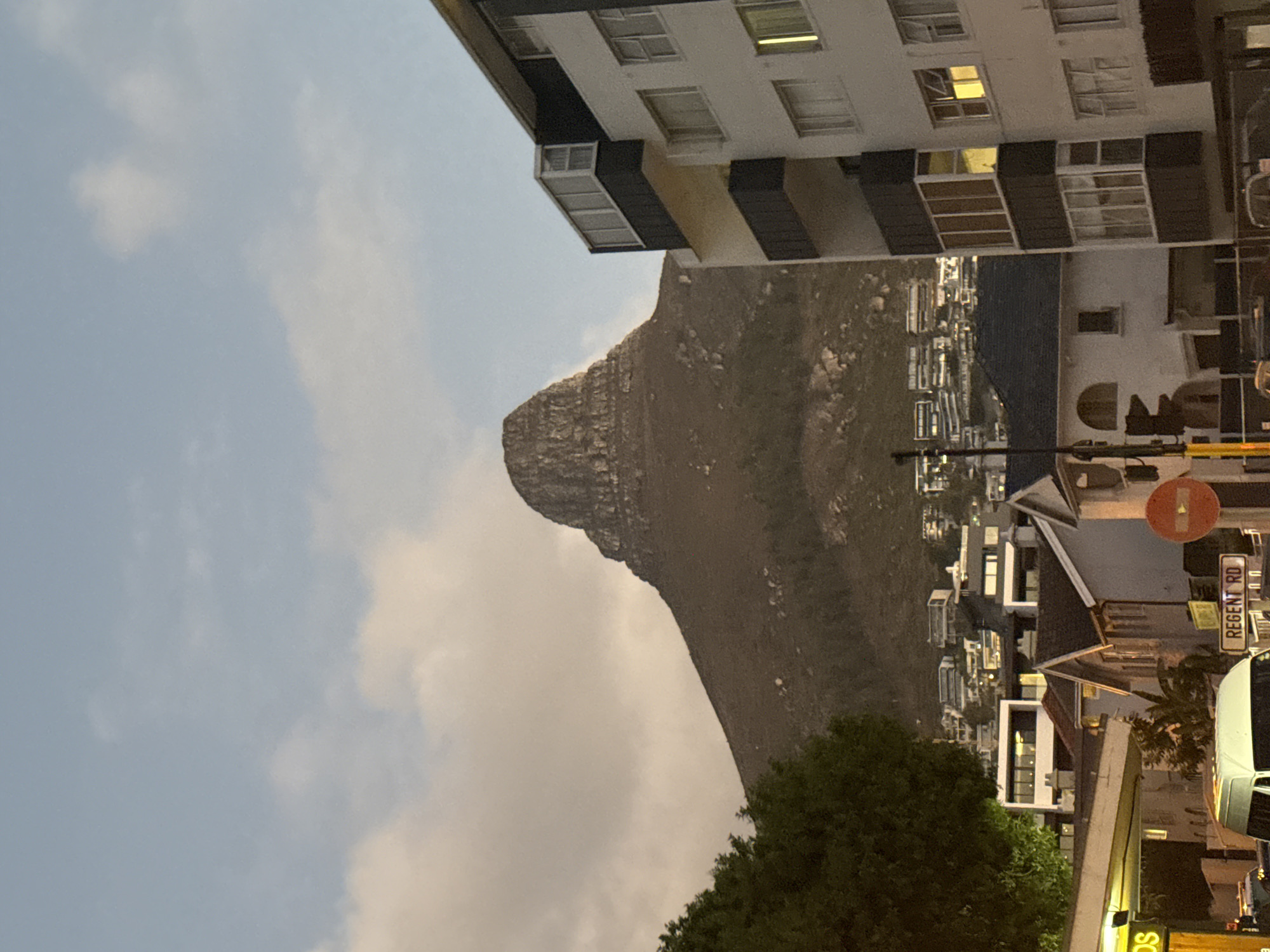 The image captures a street scene in Cape Town, South Africa, against the backdrop of Lion's Head mountain. The view is oriented upwards, with building facades lining the upper portion of the frame. Light gray clouds fill the sky. A dense green tree partially obscures the lower-right portion of the frame. A street sign labeled "REGENT RD" is visible, indicating the location. Various buildings and structures characterize the cityscape, including residential or commercial buildings with windows. A traffic sign is present. A white vehicle is partially visible in the foreground. The light conditions suggest either early morning or late evening.