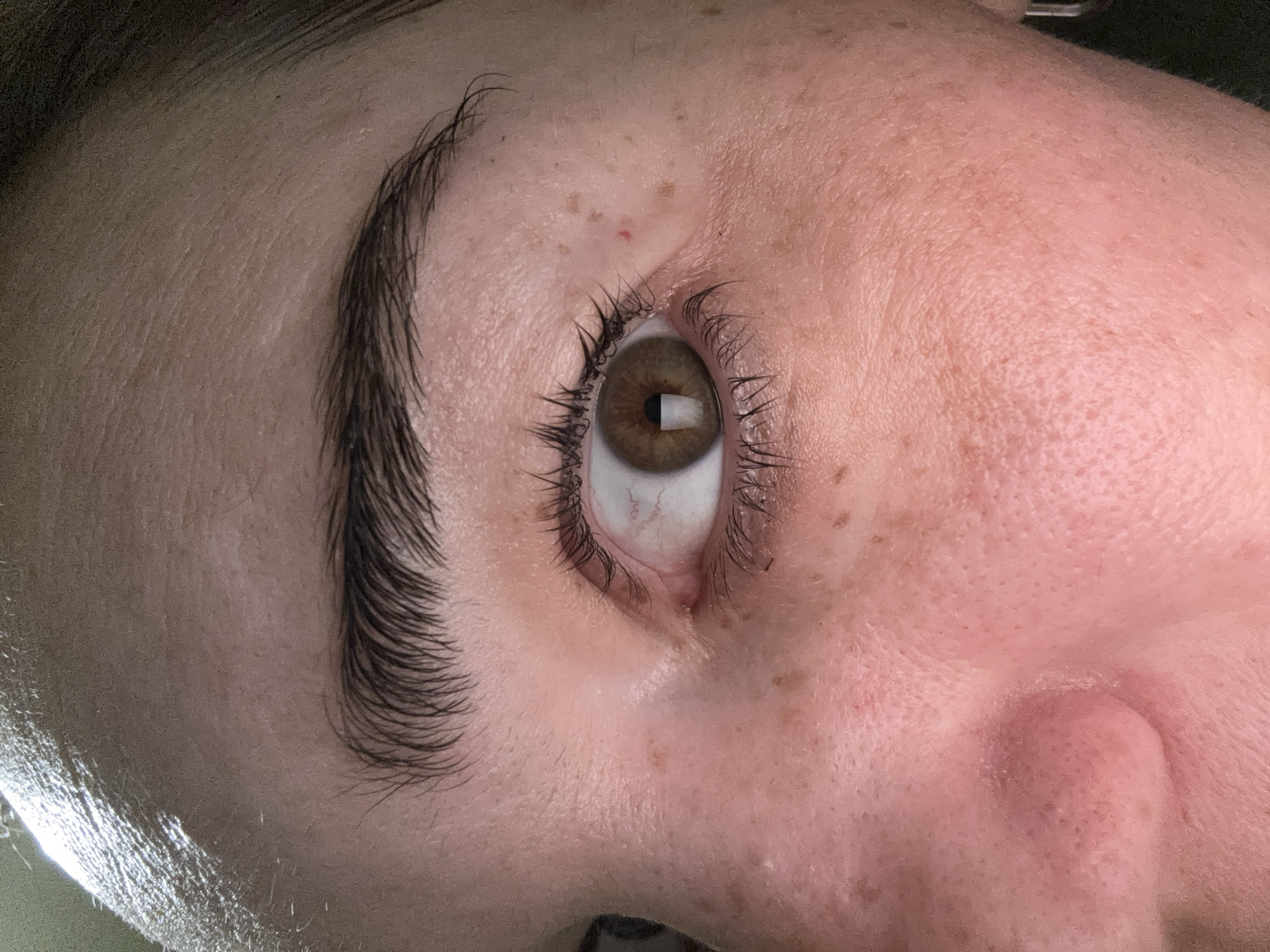 A close-up, tilted image of a person's face focusing on their left eye and eyebrow. The person has fair skin with freckles and dark brown eyebrows and eyelashes. The eye is hazel in color. No context indicates a connection to Murino, Russia.