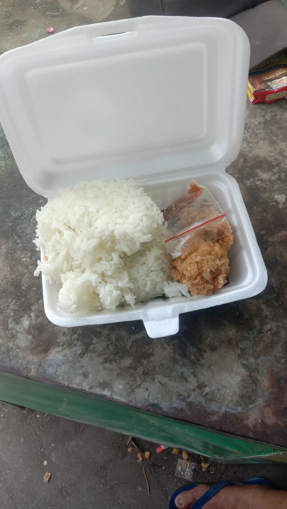 A styrofoam take-out container is open, revealing a portion of white rice and what appears to be fried chicken. The rice is piled high on the left side of the container, while the chicken, in a clear plastic bag with a red zipper closure, is on the right. The container is resting on a dark, textured surface that could be pavement or a similar outdoor ground. In the background, to the right of the container, a red and yellow package is partially visible. A green metal bar or edge runs along the bottom of the frame, and the ground beneath it is dusty and shows scattered debris. The overall scene suggests a casual outdoor setting, possibly a street or sidewalk in Karang Anyar, Indonesia.