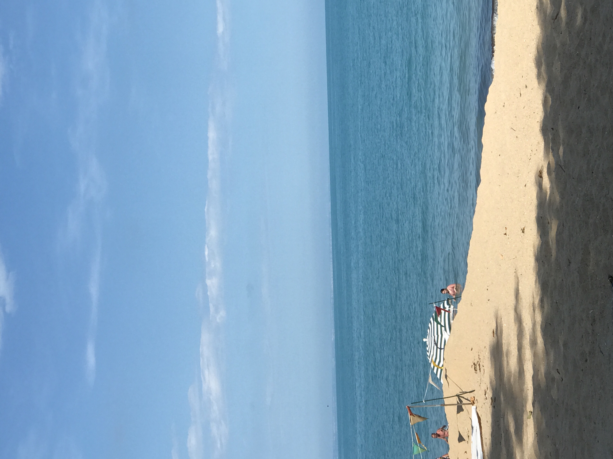 The image shows a sunny day at a beach in Varna, Bulgaria. The scene depicts the edge of the sea meeting a sandy beach. The water is a vibrant blue, with gentle waves. The sand is light tan and appears dry and soft.
Several objects are present on the beach, including a green and white striped umbrella, which is casting a shadow on the sand. There are also small flags on poles, adding a festive touch to the scene. Two people are visible in the water, appearing to be enjoying a swim. Another person is standing on the beach near the umbrella.
The sky is a clear, bright blue with a few wispy white clouds scattered across it. The sun is shining, suggesting it is likely daytime, probably late morning or early afternoon, given the bright light and distinct shadows. The overall atmosphere is relaxed and leisurely, indicative of a typical beach day. The image captures the serene beauty of the Bulgarian coastline on a pleasant day.