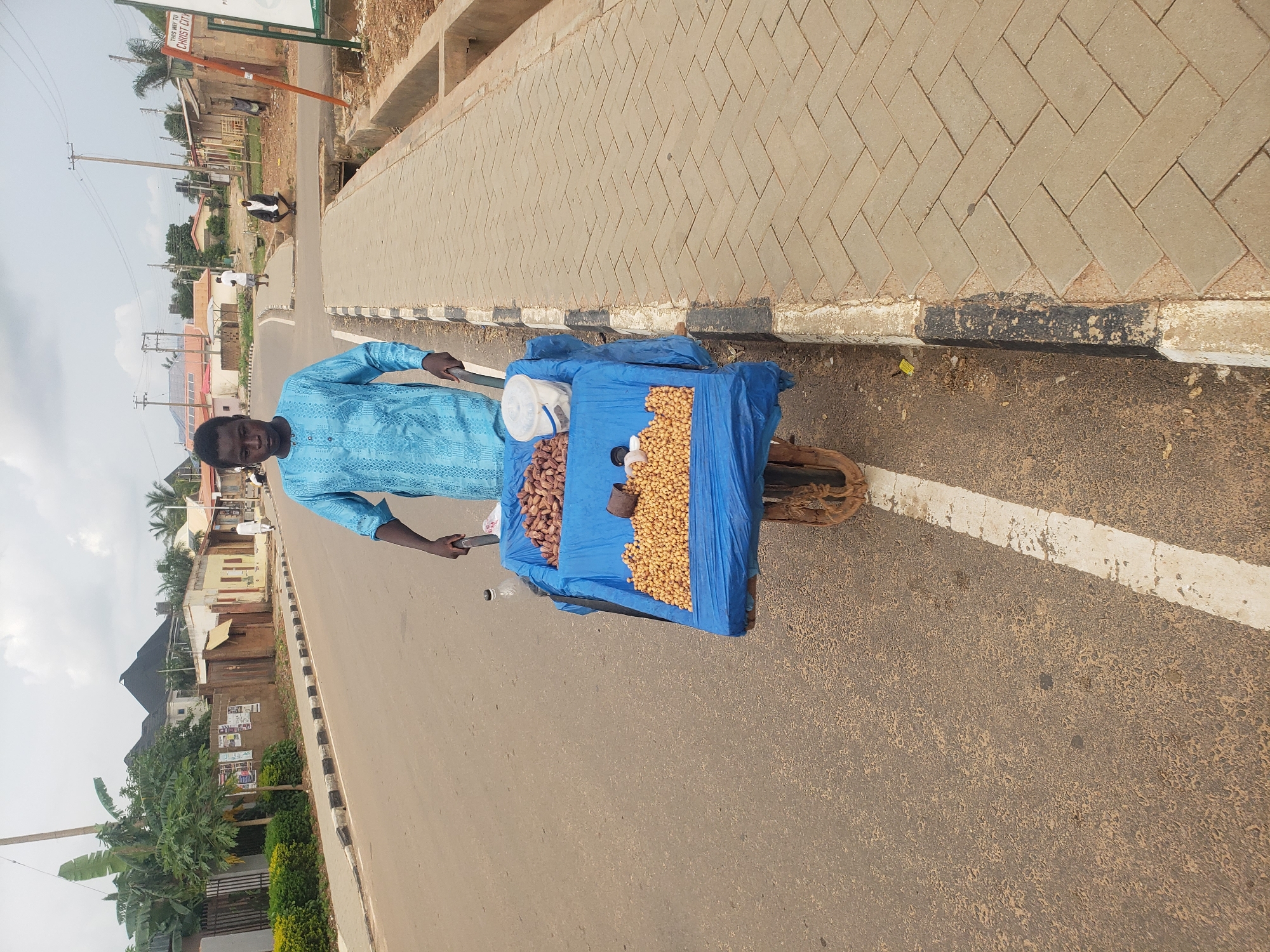 In the city of Narayi, Nigeria, a young man is captured pushing a wheelbarrow laden with goods. He is dressed in a bright blue, long-sleeved tunic. The wheelbarrow itself is covered with a blue tarp and contains two distinct piles of what appear to be nuts. One pile, on the left, is a lighter brown and seems to consist of small, spherical nuts. The pile on the right is darker and appears to be larger, with some nuts appearing elongated. A white plastic bucket with a blue handle is placed on top of this darker pile. A clear plastic water bottle stands next to the darker pile. The wheelbarrow has two large wheels and a wooden handle. The man is positioned on a paved road, which has a white line marking its edge. To the right of the road is a paved sidewalk, made of interlocking rectangular stones laid in a herringbone pattern. A concrete curb separates the road from the sidewalk. In the background, several buildings are visible, along with trees and utility poles. The sky is overcast.
