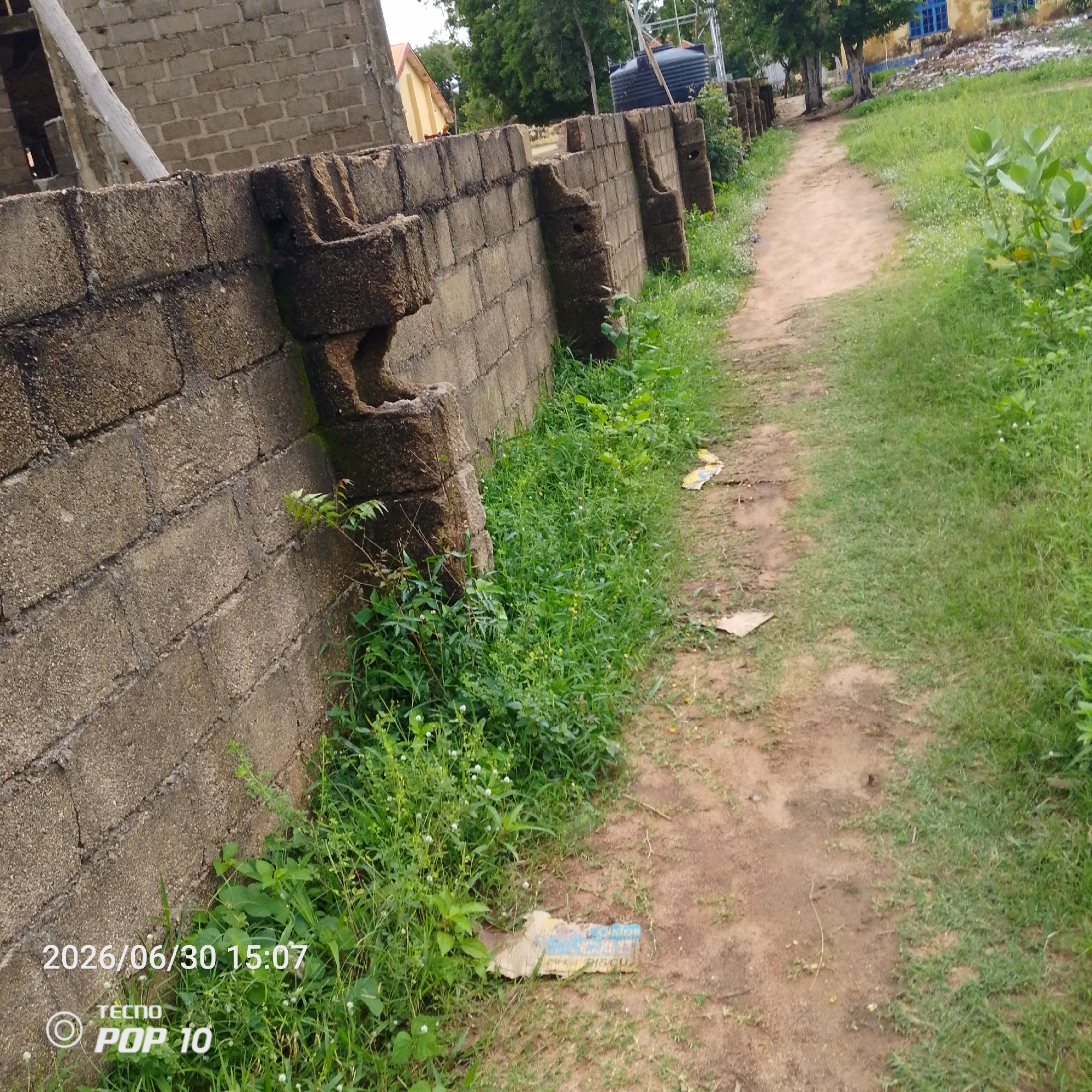 The image depicts an outdoor scene in Jalingo, Nigeria. A weathered concrete block wall, featuring decorative, weathered protruding blocks, runs along the left side of the frame. Beyond the wall, a dirt path stretches into the distance, bordered by lush green grass and scattered weeds. In the background, trees and a building with a yellow facade and blue windows are visible. A large black water tank stands behind the wall in the middle ground. A date stamp "2026/06/30 15:07" and the text "TECNO POP 10" are superimposed on the lower left portion of the image.