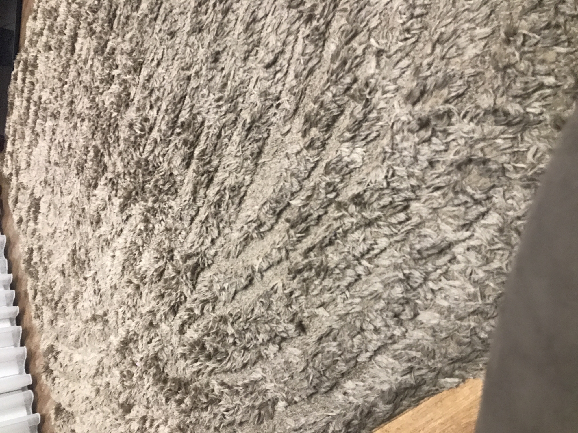 The image shows a close-up view of a beige shag rug. To the left, there is a partially visible white window blind. In the lower right, there's a light brown wooden surface and a grey object. The exact location in Yerevan, Armenia, cannot be determined from this image.