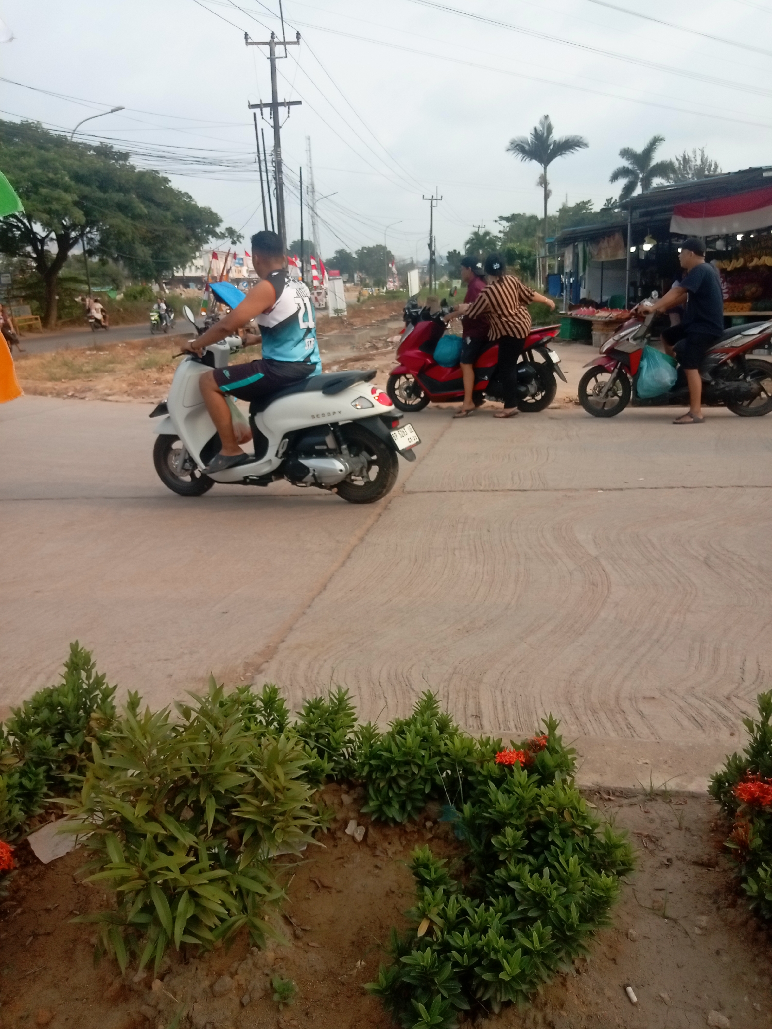 The image shows a street scene in Batam, Indonesia, likely near a roadside market or food stall. In the foreground, there are lush green plants with some red flowers. A person is riding a white scooter with the name "SCOOPY" visible on the side. They are wearing a blue and black sleeveless shirt and dark shorts. To the right, two people are on a red scooter, and another person is on a pink and black scooter. The person on the red scooter is wearing a striped shirt and black pants. The person on the pink and black scooter is wearing a dark blue shirt and dark shorts. Behind the scooters, a stall is visible with red and white decorations, and various fruits or goods are displayed. Palm trees are visible in the background, along with utility poles and overhead wires, typical of urban and suburban areas in Indonesia. The ground is paved with concrete, and there is some loose dirt and vegetation along the side of the road. The sky is overcast. The scene appears to be a busy, everyday moment in Batam.