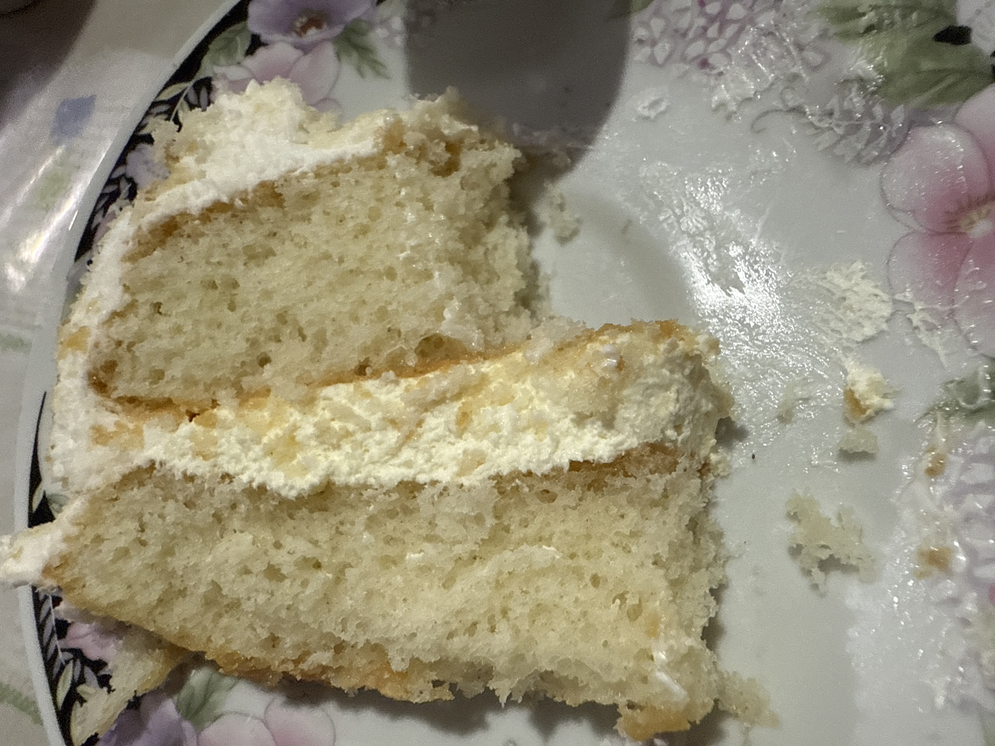 A partially eaten piece of two-layer cake with white frosting sits on a plate decorated with a floral pattern. Cake crumbs and smears of frosting are scattered on the plate around the cake. The cake is likely in a residential setting, but the specific location within Puebla, Mexico cannot be determined from the image. There are no people visible in the image.